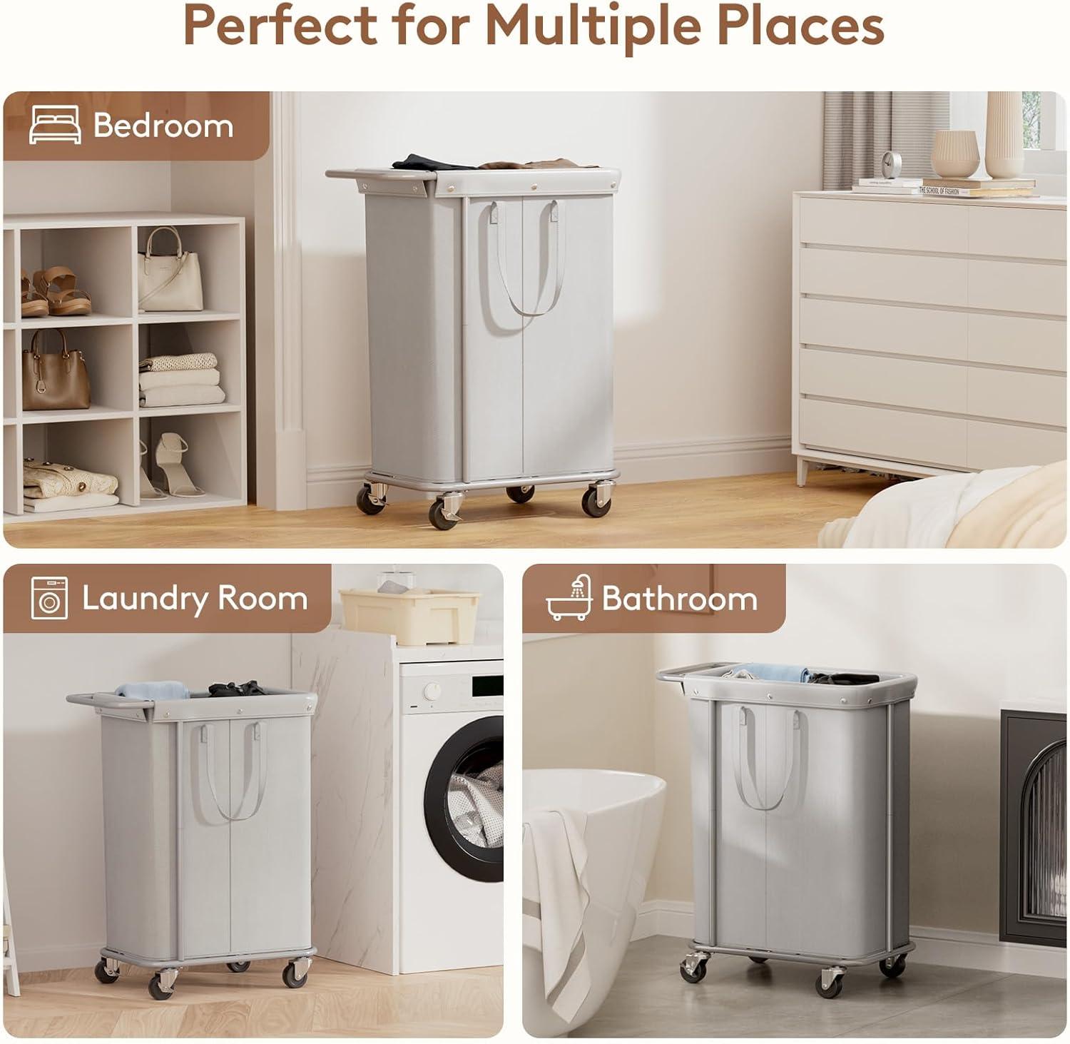 image:imageLifewit 150L Large Laundry Basket with Wheels Tall 2 Section Laundry Hamper Organizer Rolling Laundry Cart with Steel Frame amp Removable Bag for Luandry Room Bathroom Bedroom WhiteSilver Gray