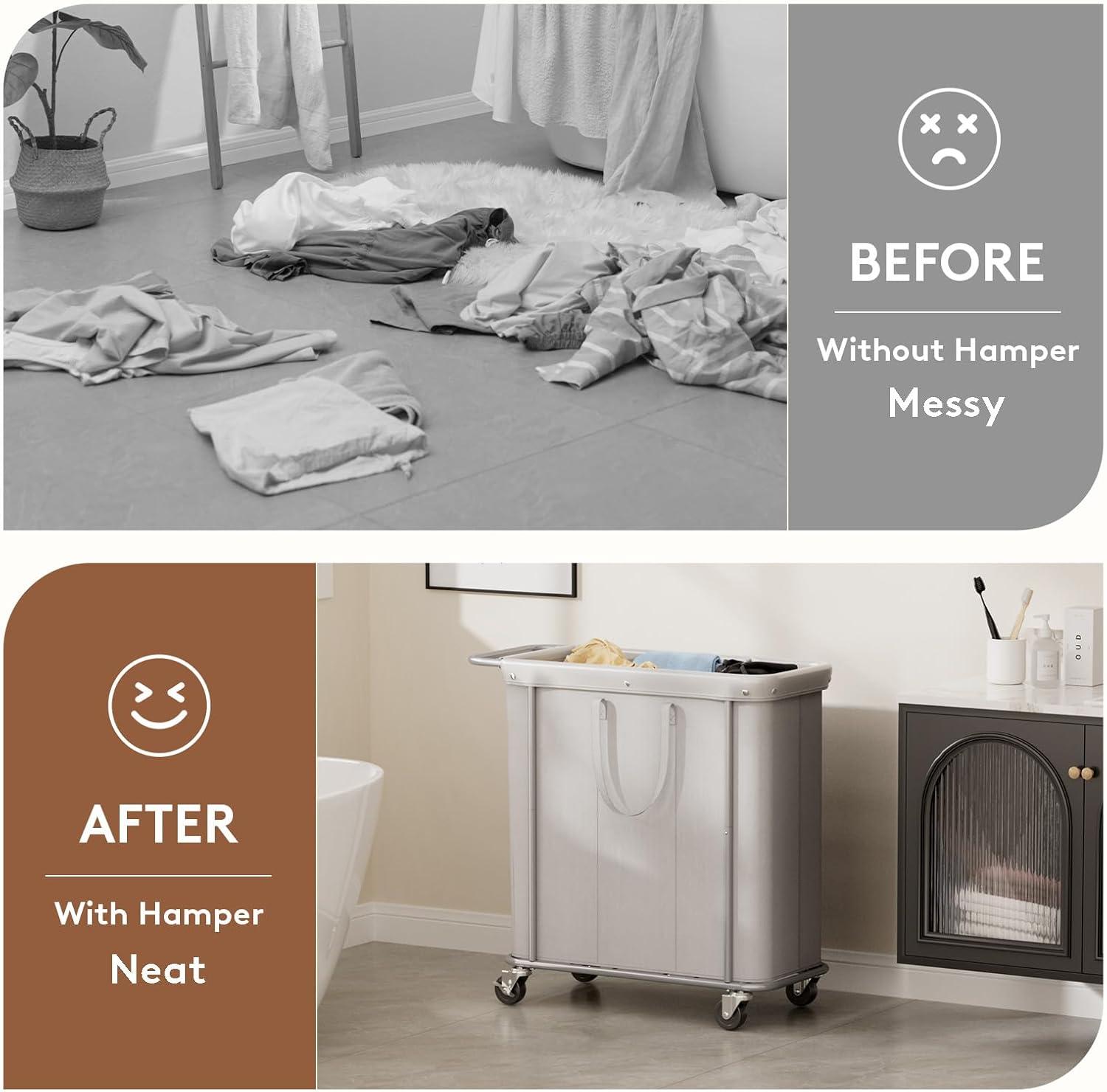 image:imageLifewit 150L Large Laundry Basket with Wheels Tall 2 Section Laundry Hamper Organizer Rolling Laundry Cart with Steel Frame amp Removable Bag for Luandry Room Bathroom Bedroom WhiteSilver Gray