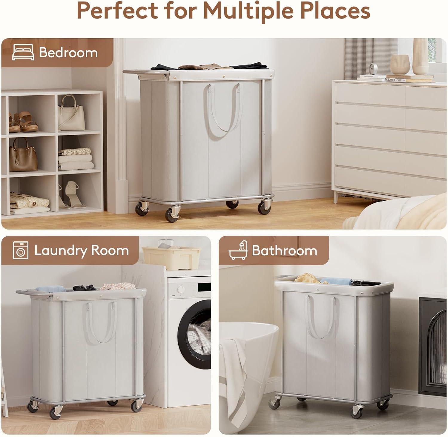 image:imageLifewit 150L Large Laundry Basket with Wheels Tall 2 Section Laundry Hamper Organizer Rolling Laundry Cart with Steel Frame amp Removable Bag for Luandry Room Bathroom Bedroom WhiteSilver Gray