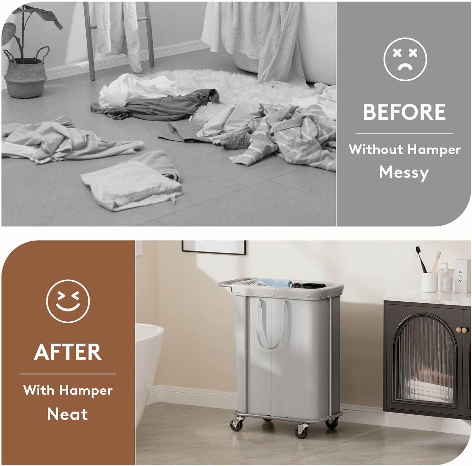 image:imageLifewit 150L Large Laundry Basket with Wheels Tall 2 Section Laundry Hamper Organizer Rolling Laundry Cart with Steel Frame amp Removable Bag for Luandry Room Bathroom Bedroom WhiteSilver Gray