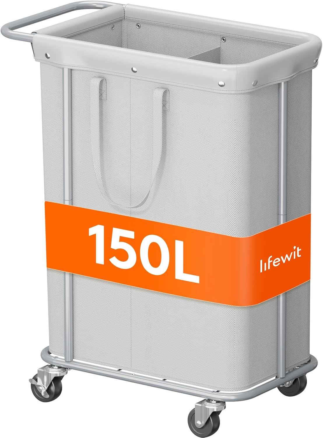 image:imageLifewit 150L Large Laundry Basket with Wheels Tall 2 Section Laundry Hamper Organizer Rolling Laundry Cart with Steel Frame amp Removable Bag for Luandry Room Bathroom Bedroom WhiteSilver Gray