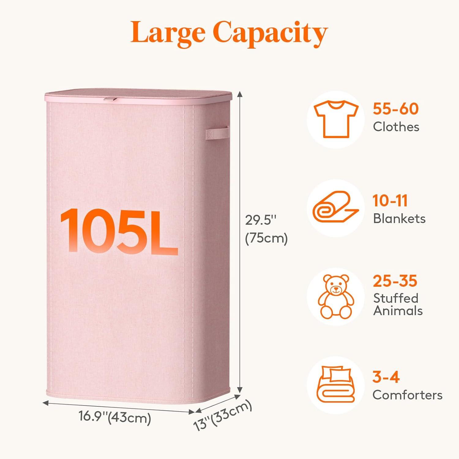 image:imageLifewit 165L Laundry Basket with Lid Large Laundry Hamper with Plastic Handles and Removable Bag Foldable Tall Dirty Clothes Hampers for Laundry for Laundry Room Bedroom Bathroom Dorm BeigePink