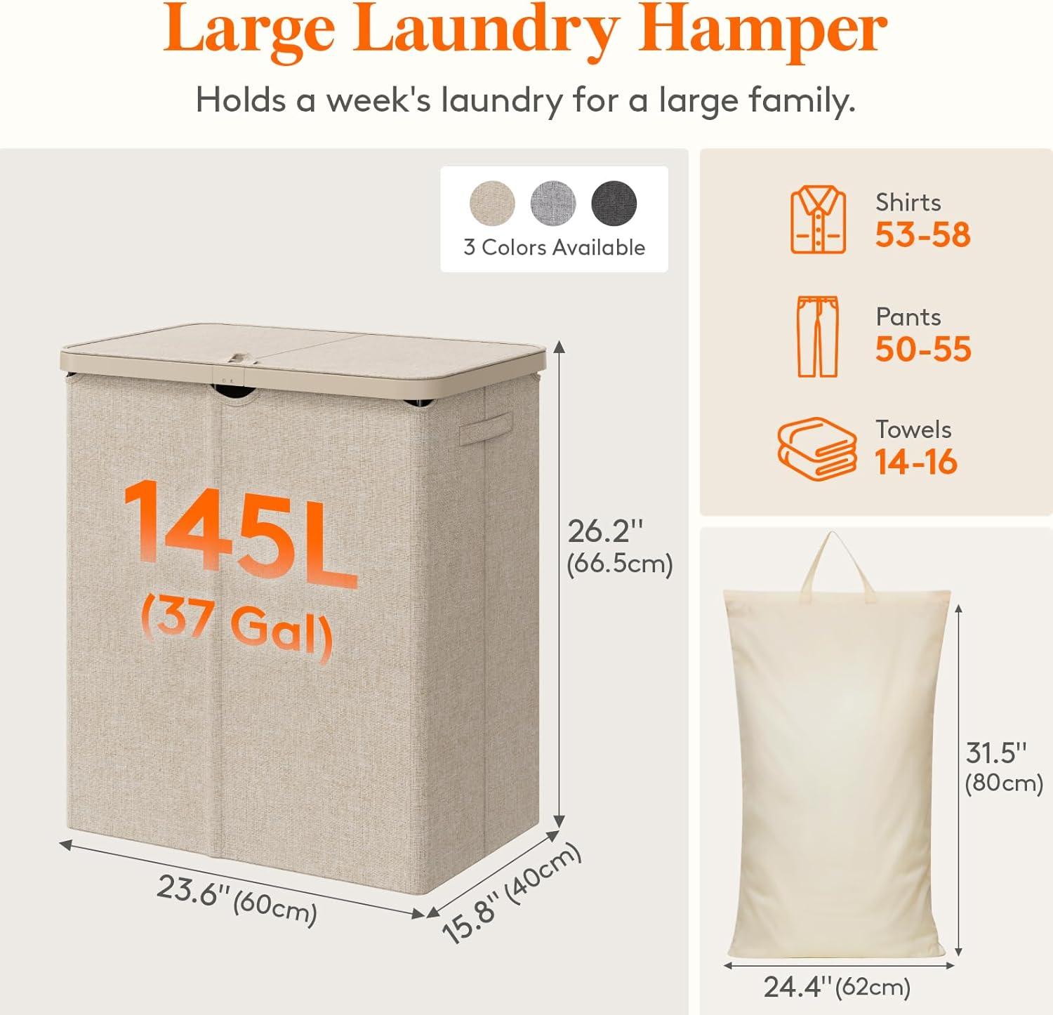 image:imageLifewit 165L Laundry Basket with Lid Large Laundry Hamper with Plastic Handles and Removable Bag Foldable Tall Dirty Clothes Hampers for Laundry for Laundry Room Bedroom Bathroom Dorm BeigeBeige