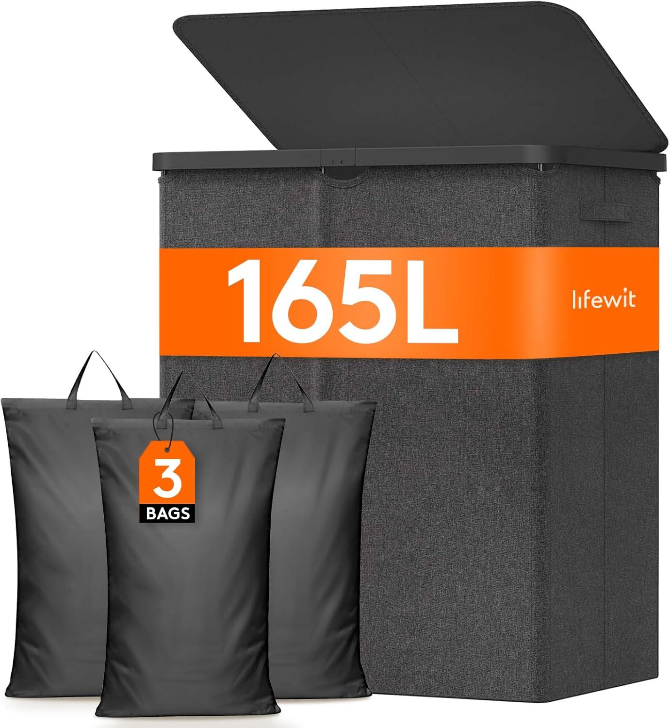 image:imageLifewit 165L Laundry Basket with Lid Large Laundry Hamper with Plastic Handles and Removable Bag Foldable Tall Dirty Clothes Hampers for Laundry for Laundry Room Bedroom Bathroom Dorm BeigeDark Gray