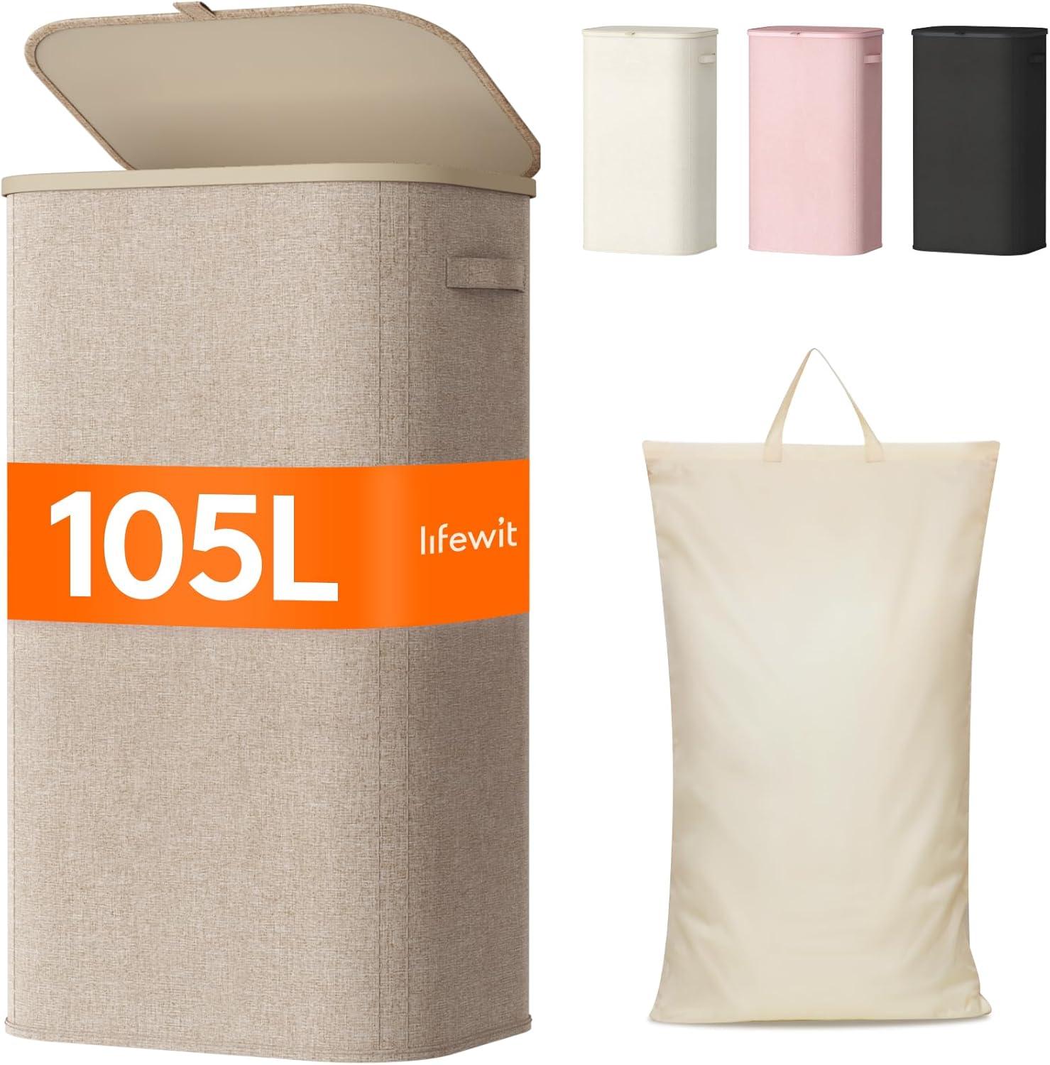 image:imageLifewit 165L Laundry Basket with Lid Large Laundry Hamper with Plastic Handles and Removable Bag Foldable Tall Dirty Clothes Hampers for Laundry for Laundry Room Bedroom Bathroom Dorm BeigeBeige