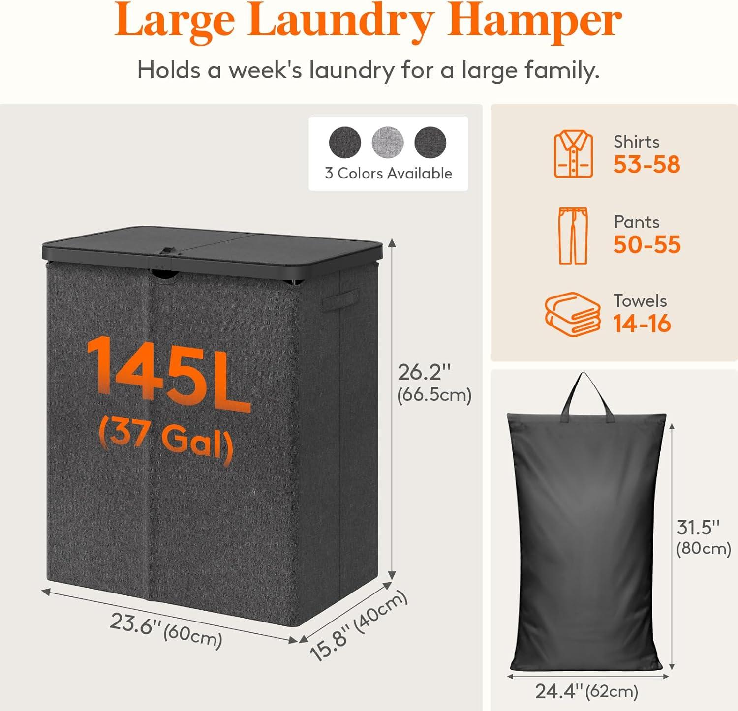 image:imageLifewit 165L Laundry Basket with Lid Large Laundry Hamper with Plastic Handles and Removable Bag Foldable Tall Dirty Clothes Hampers for Laundry for Laundry Room Bedroom Bathroom Dorm BeigeDark Gray