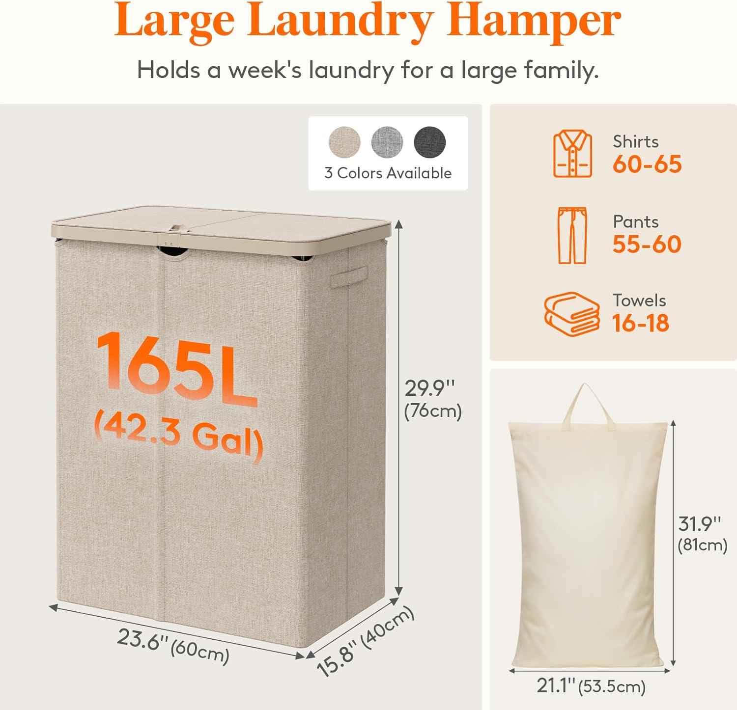 image:imageLifewit 165L Laundry Basket with Lid Large Laundry Hamper with Plastic Handles and Removable Bag Foldable Tall Dirty Clothes Hampers for Laundry for Laundry Room Bedroom Bathroom Dorm BeigeBeige