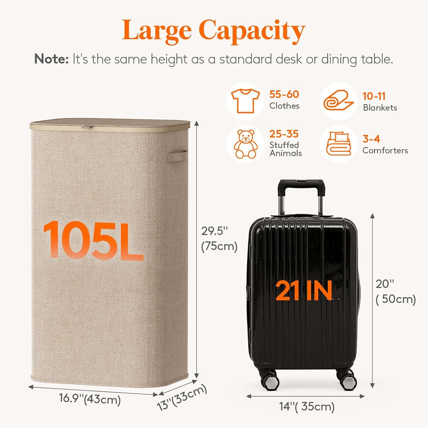 image:imageLifewit 165L Laundry Basket with Lid Large Laundry Hamper with Plastic Handles and Removable Bag Foldable Tall Dirty Clothes Hampers for Laundry for Laundry Room Bedroom Bathroom Dorm BeigeBeige