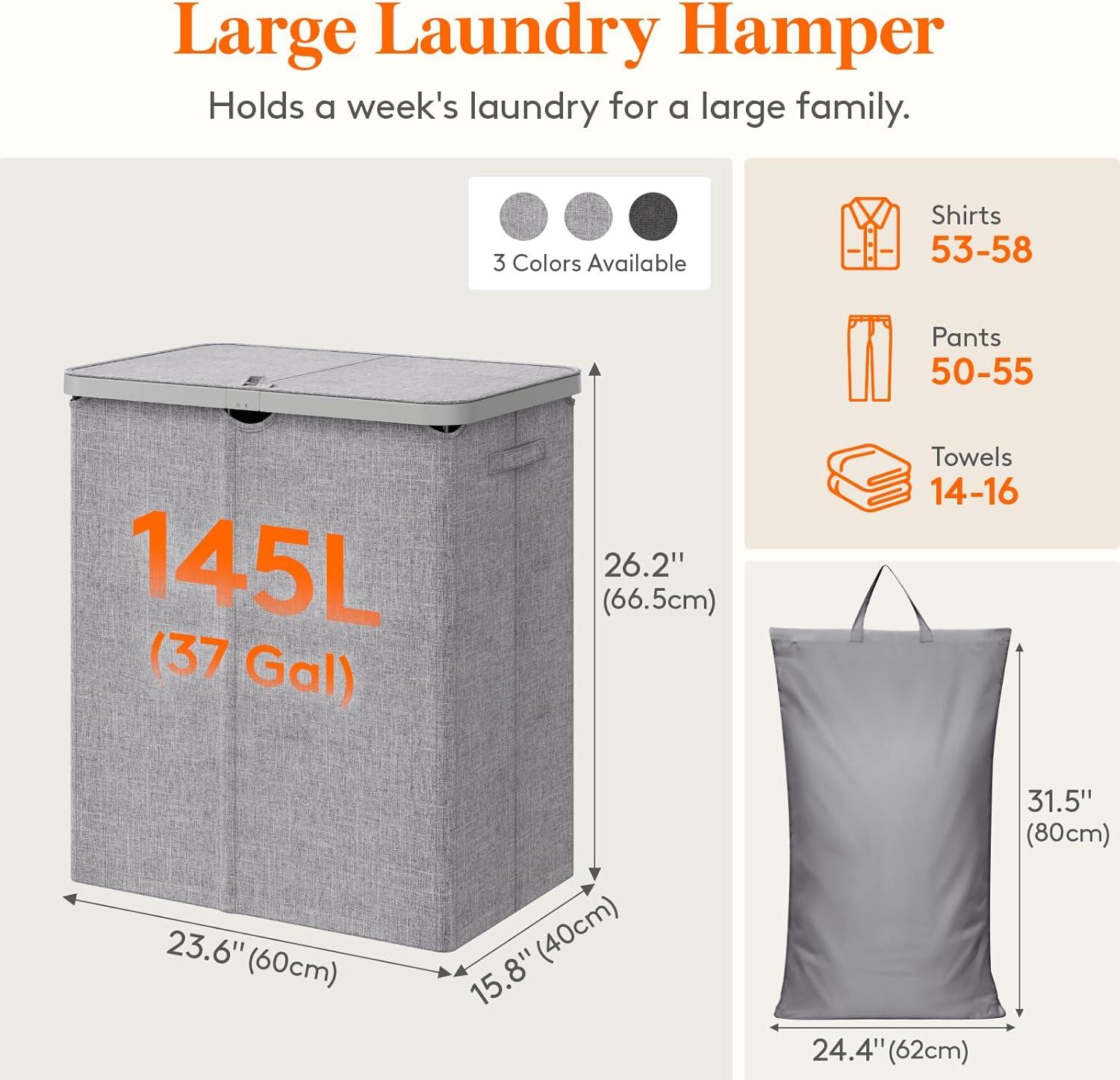 image:imageLifewit 165L Laundry Basket with Lid Large Laundry Hamper with Plastic Handles and Removable Bag Foldable Tall Dirty Clothes Hampers for Laundry for Laundry Room Bedroom Bathroom Dorm BeigeLight Gray