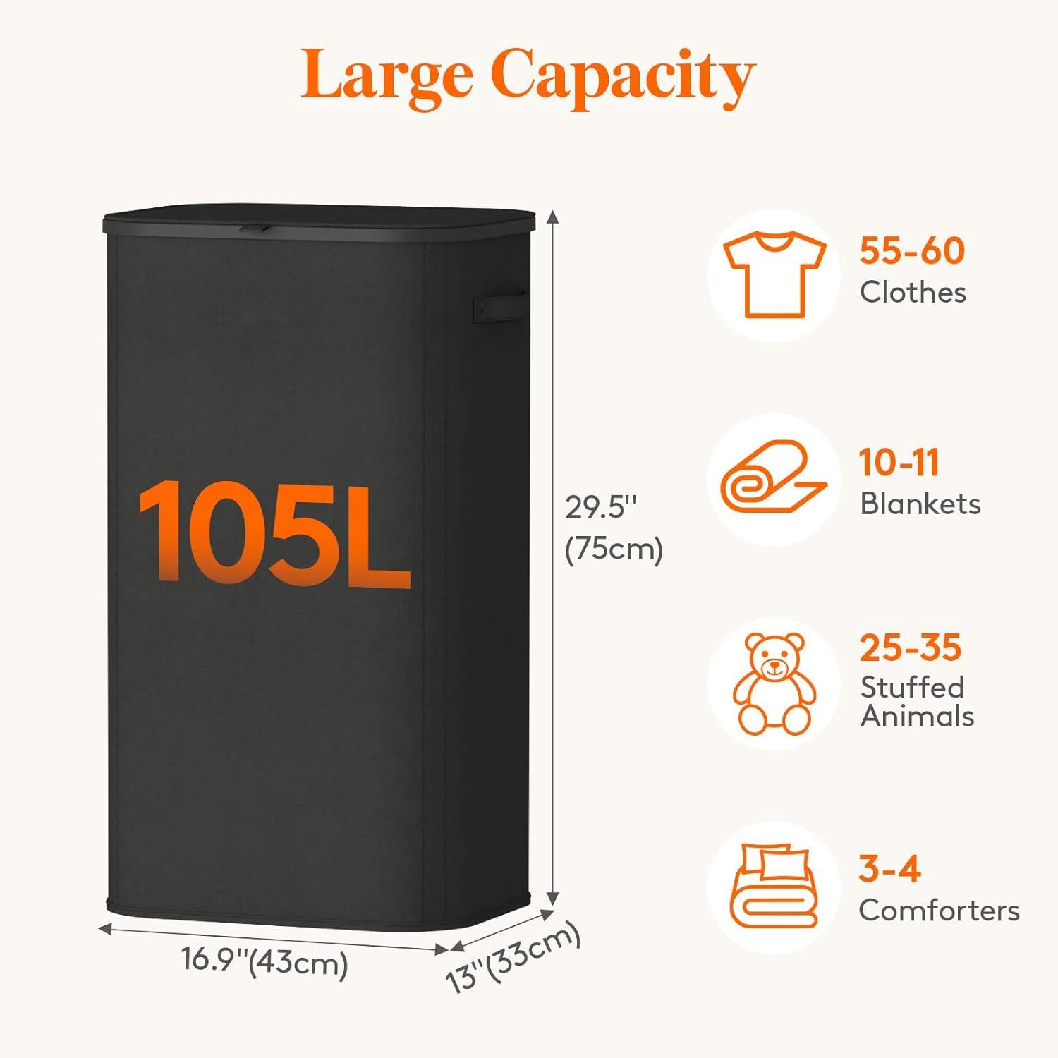 image:imageLifewit 165L Laundry Basket with Lid Large Laundry Hamper with Plastic Handles and Removable Bag Foldable Tall Dirty Clothes Hampers for Laundry for Laundry Room Bedroom Bathroom Dorm BeigeBlack