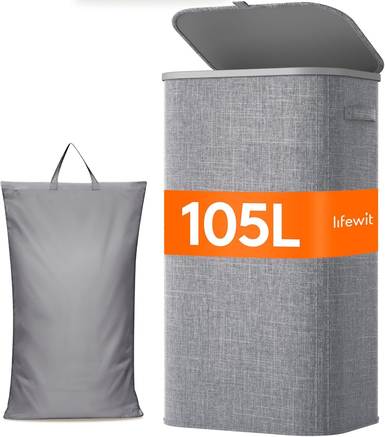 image:imageLifewit 165L Laundry Basket with Lid Large Laundry Hamper with Plastic Handles and Removable Bag Foldable Tall Dirty Clothes Hampers for Laundry for Laundry Room Bedroom Bathroom Dorm BeigeLight Gray