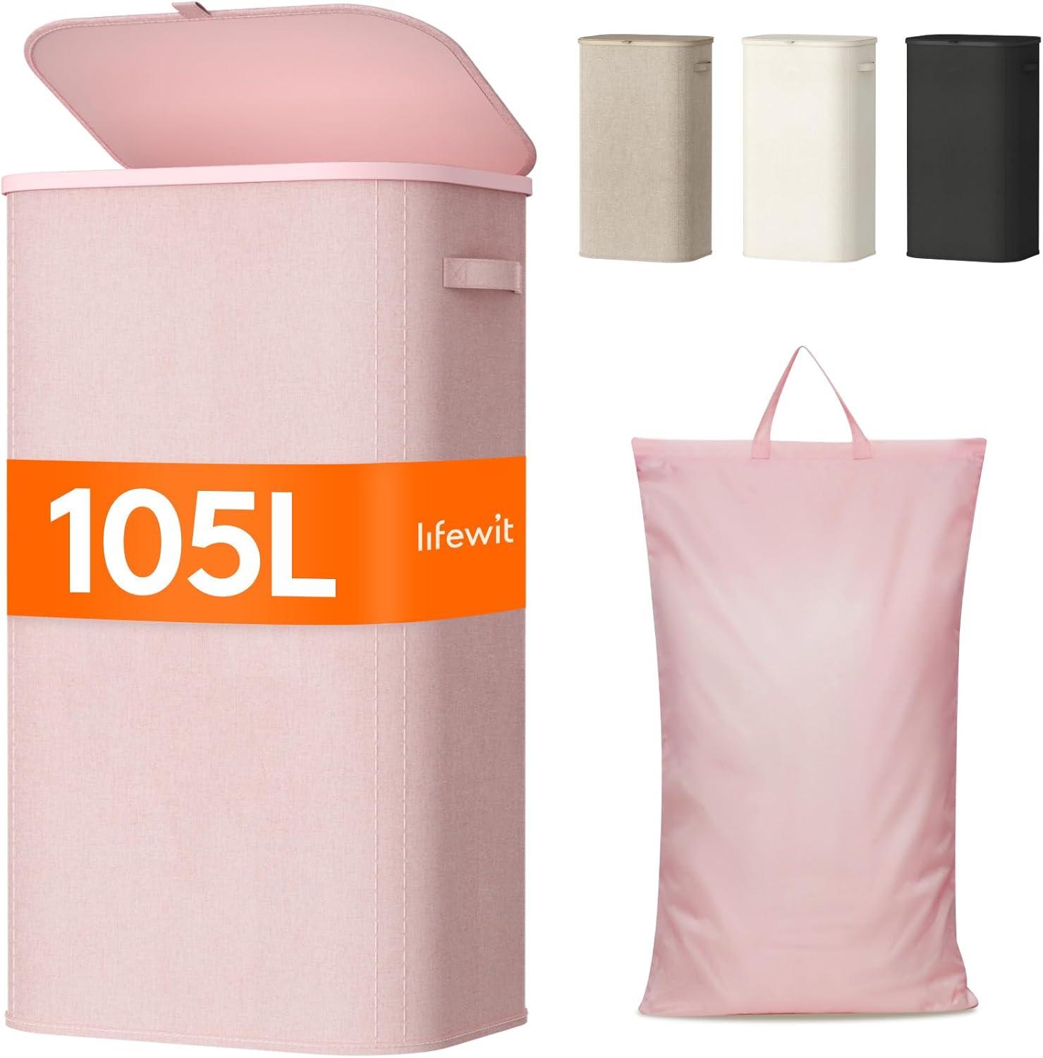 image:imageLifewit 165L Laundry Basket with Lid Large Laundry Hamper with Plastic Handles and Removable Bag Foldable Tall Dirty Clothes Hampers for Laundry for Laundry Room Bedroom Bathroom Dorm BeigePink