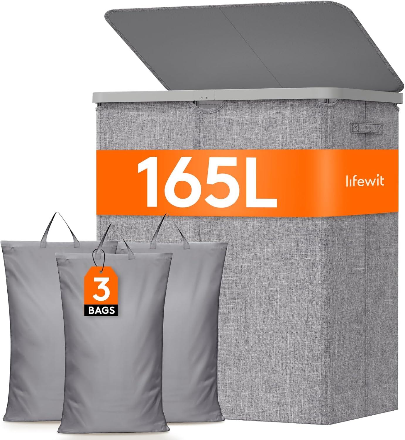 image:imageLifewit 165L Laundry Basket with Lid Large Laundry Hamper with Plastic Handles and Removable Bag Foldable Tall Dirty Clothes Hampers for Laundry for Laundry Room Bedroom Bathroom Dorm BeigeLight Gray