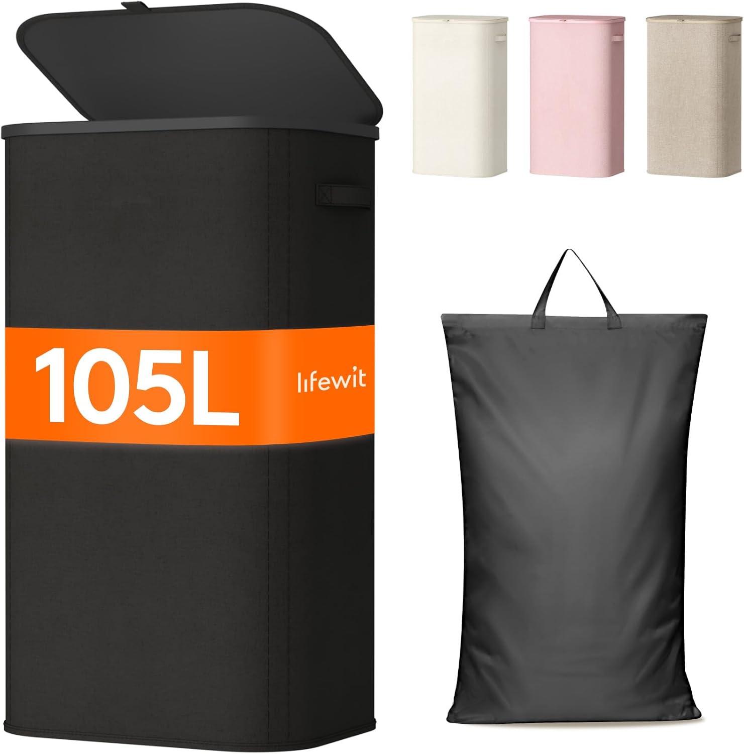 image:imageLifewit 165L Laundry Basket with Lid Large Laundry Hamper with Plastic Handles and Removable Bag Foldable Tall Dirty Clothes Hampers for Laundry for Laundry Room Bedroom Bathroom Dorm BeigeBlack