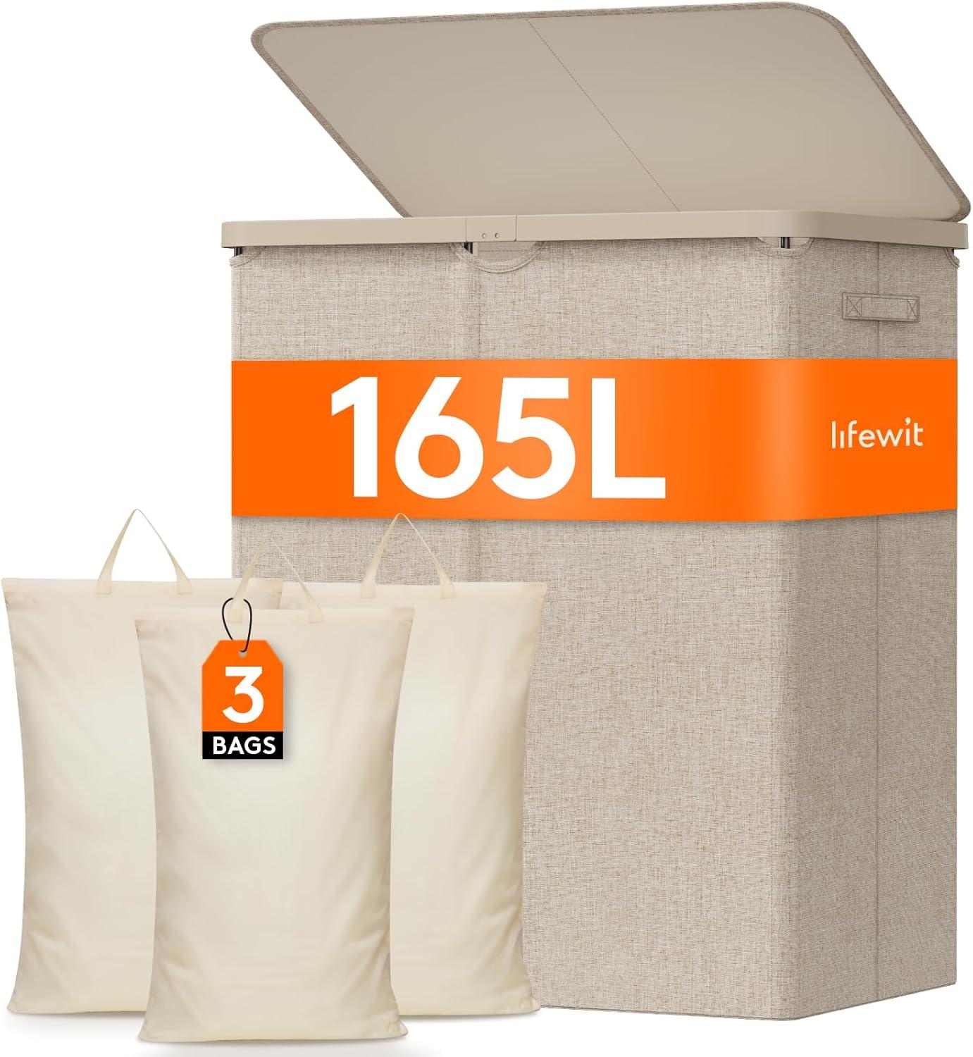 image:imageLifewit 165L Laundry Basket with Lid Large Laundry Hamper with Plastic Handles and Removable Bag Foldable Tall Dirty Clothes Hampers for Laundry for Laundry Room Bedroom Bathroom Dorm BeigeBeige