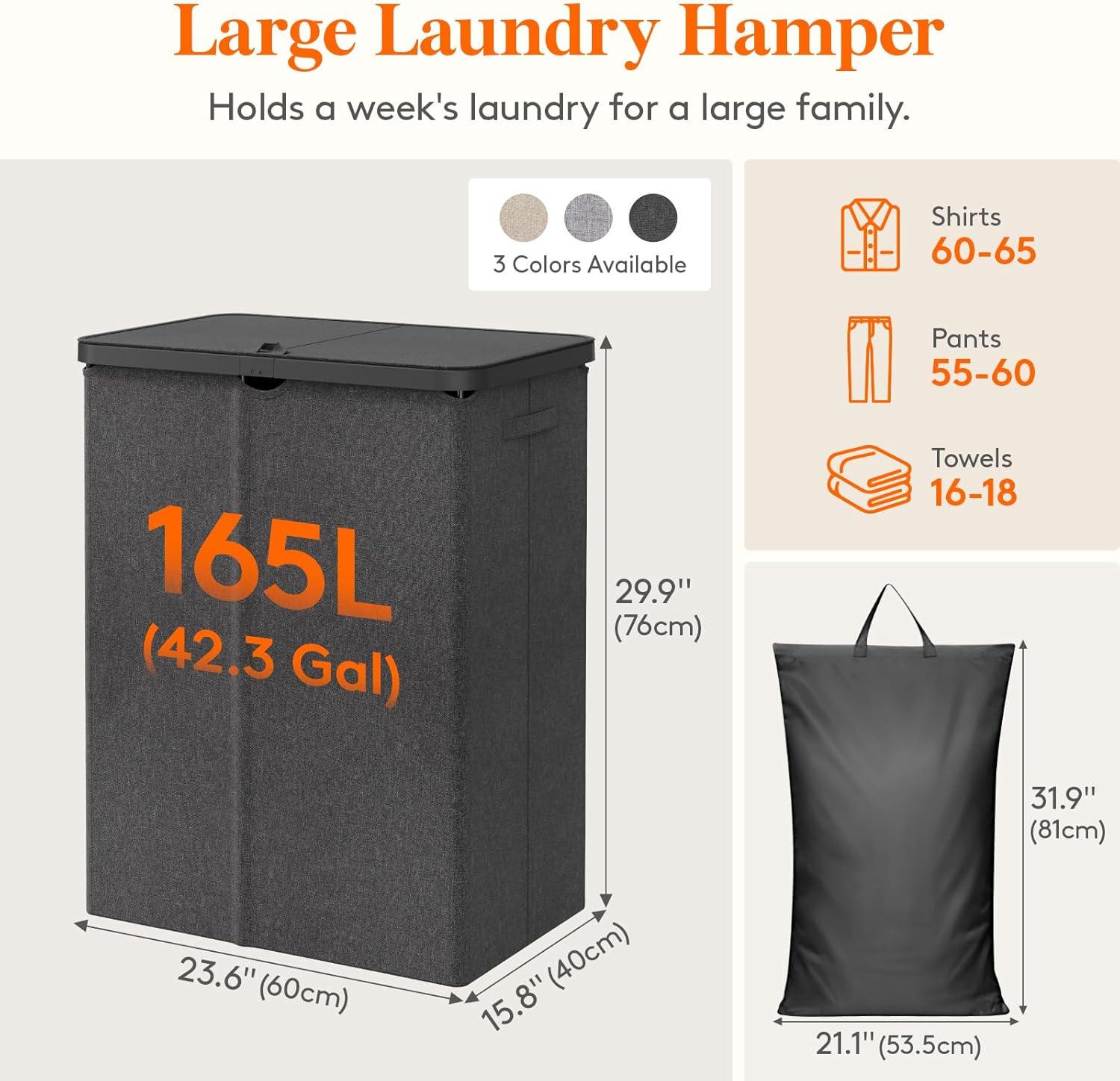image:imageLifewit 165L Laundry Basket with Lid Large Laundry Hamper with Plastic Handles and Removable Bag Foldable Tall Dirty Clothes Hampers for Laundry for Laundry Room Bedroom Bathroom Dorm BeigeDark Gray