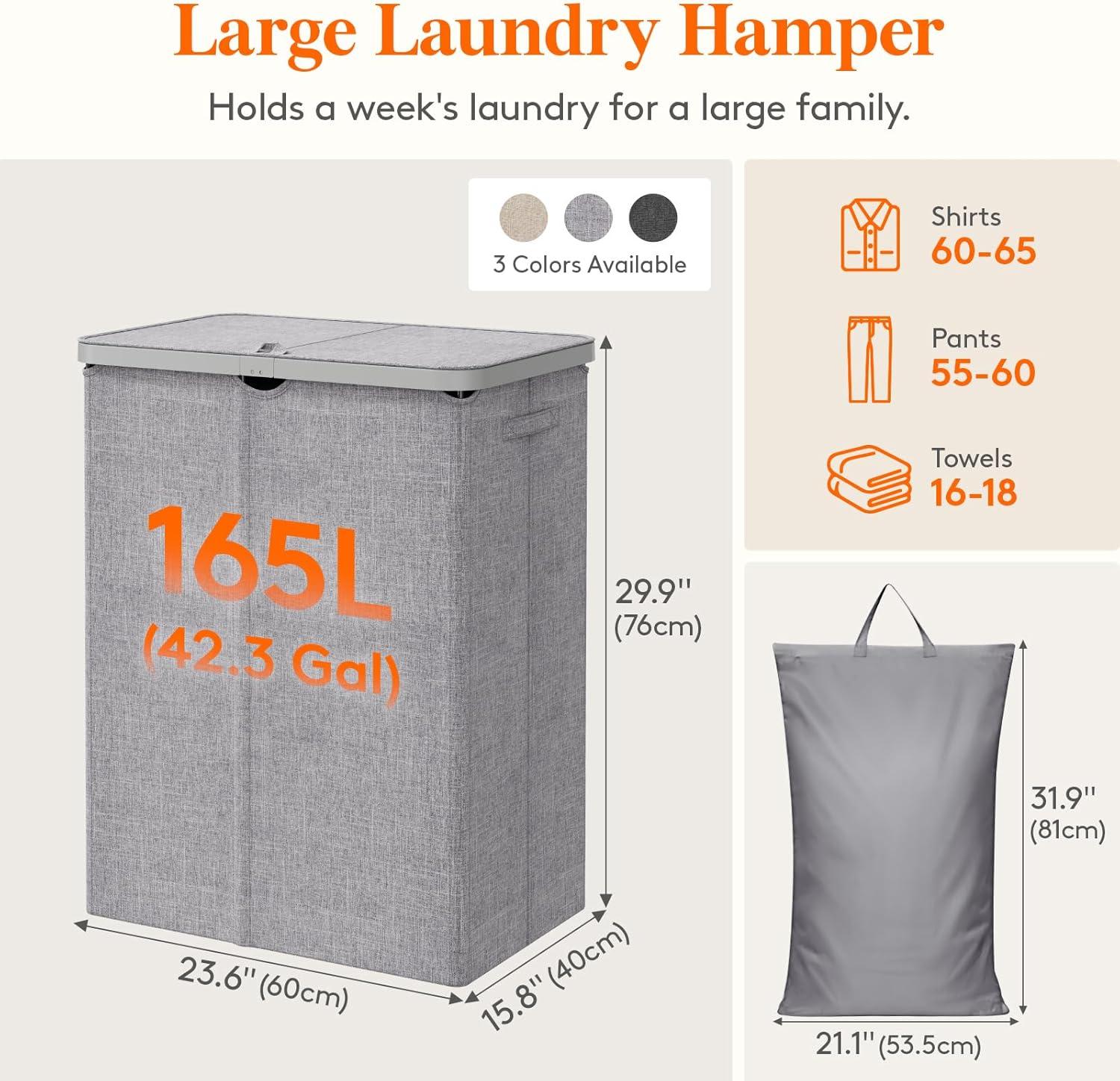 image:imageLifewit 165L Laundry Basket with Lid Large Laundry Hamper with Plastic Handles and Removable Bag Foldable Tall Dirty Clothes Hampers for Laundry for Laundry Room Bedroom Bathroom Dorm BeigeLight Gray