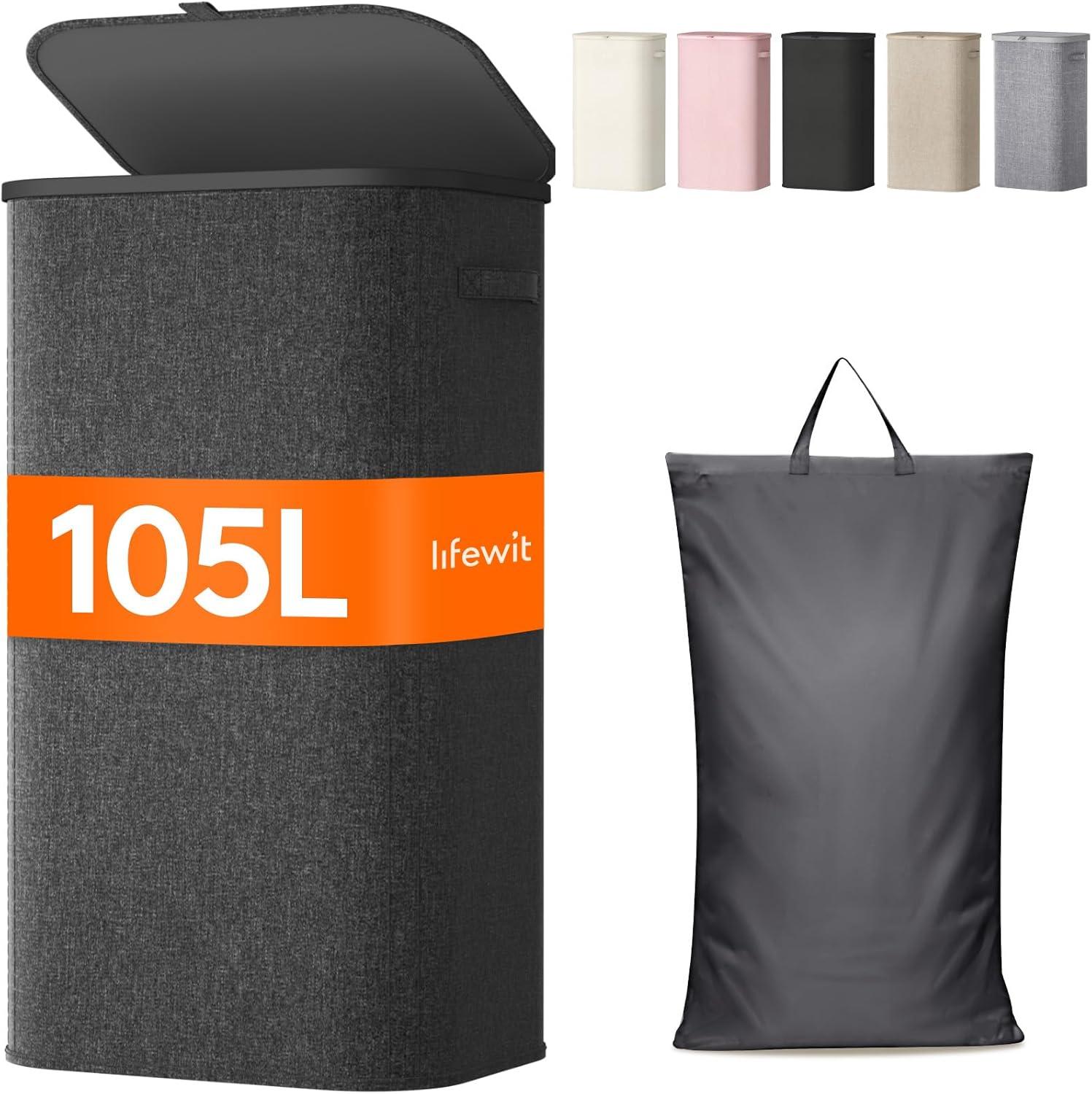 image:imageLifewit 165L Laundry Basket with Lid Large Laundry Hamper with Plastic Handles and Removable Bag Foldable Tall Dirty Clothes Hampers for Laundry for Laundry Room Bedroom Bathroom Dorm BeigeDark Gray