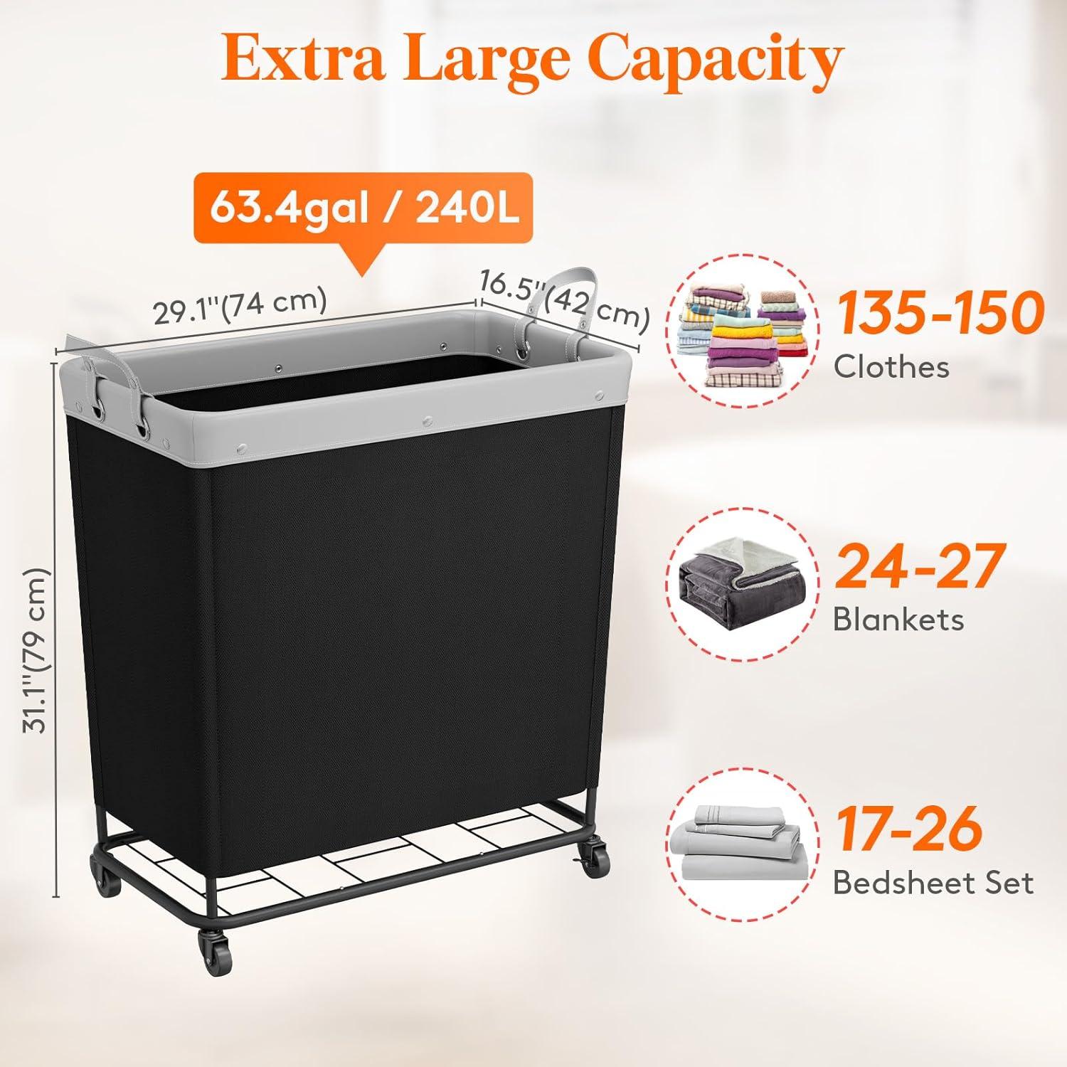 image:imageLifewit 165L Laundry Basket with Wheels Large Heavy Duty Commercial Rolling Laundry Hamper with Handles Tall Steel Frame Laundry Cart for Laundry Room Bedroom Hotel Home Dorm WhiteBlack
