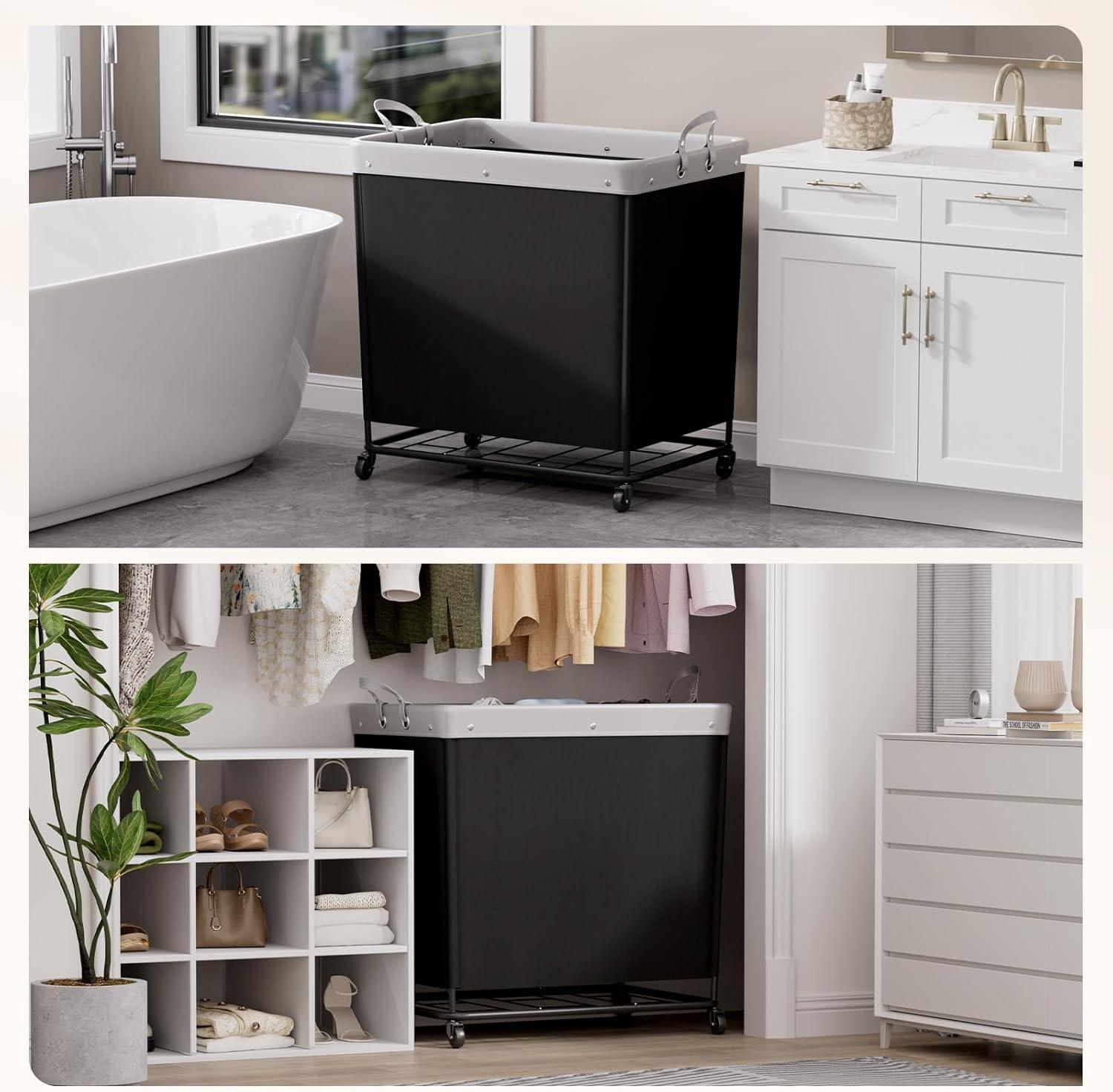 image:imageLifewit 165L Laundry Basket with Wheels Large Heavy Duty Commercial Rolling Laundry Hamper with Handles Tall Steel Frame Laundry Cart for Laundry Room Bedroom Hotel Home Dorm WhiteBlack