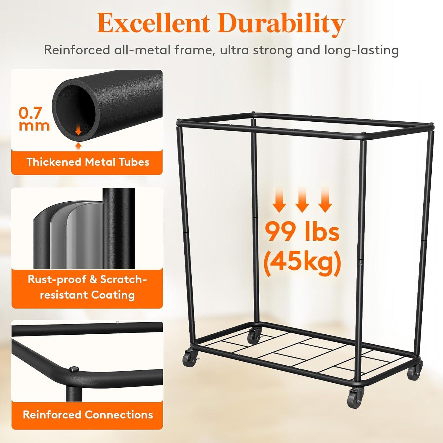 image:imageLifewit 165L Laundry Basket with Wheels Large Heavy Duty Commercial Rolling Laundry Hamper with Handles Tall Steel Frame Laundry Cart for Laundry Room Bedroom Hotel Home Dorm WhiteBlack