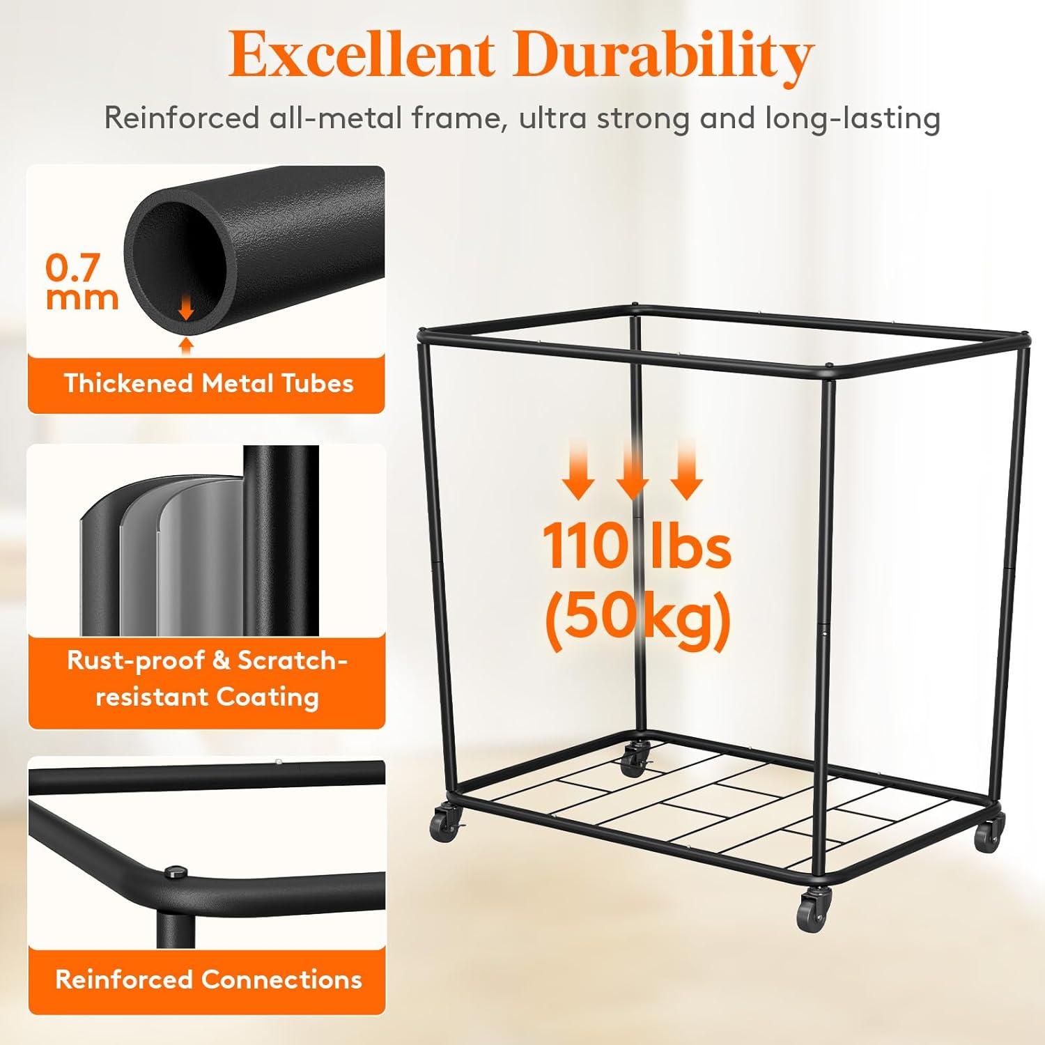 image:imageLifewit 165L Laundry Basket with Wheels Large Heavy Duty Commercial Rolling Laundry Hamper with Handles Tall Steel Frame Laundry Cart for Laundry Room Bedroom Hotel Home Dorm WhiteBlack