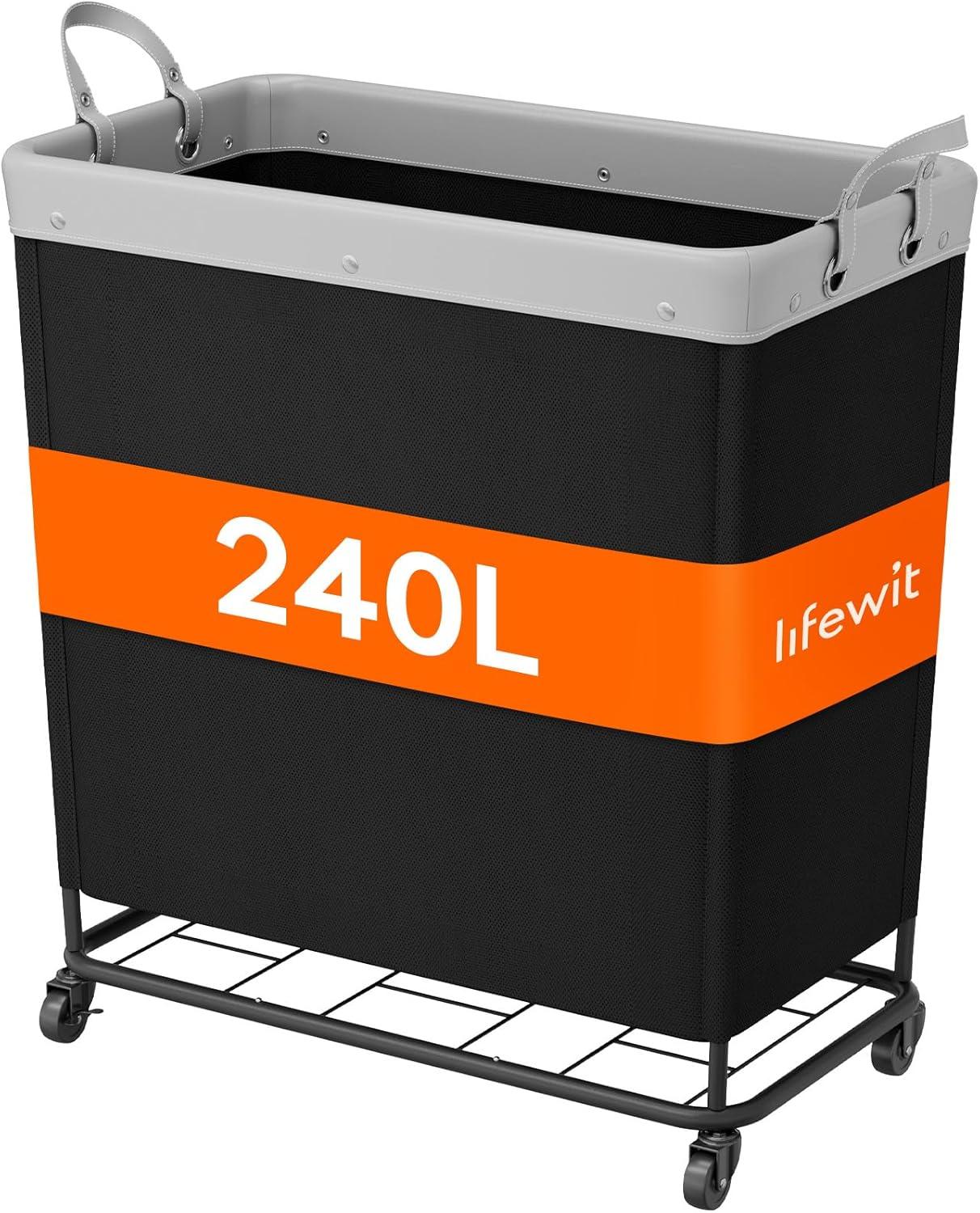 image:imageLifewit 165L Laundry Basket with Wheels Large Heavy Duty Commercial Rolling Laundry Hamper with Handles Tall Steel Frame Laundry Cart for Laundry Room Bedroom Hotel Home Dorm WhiteBlack