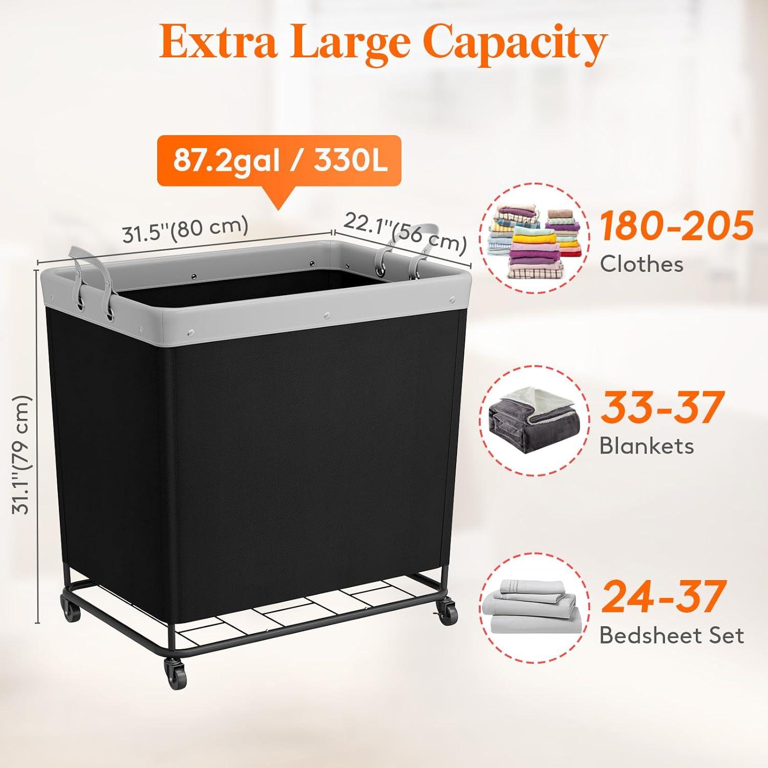 image:imageLifewit 165L Laundry Basket with Wheels Large Heavy Duty Commercial Rolling Laundry Hamper with Handles Tall Steel Frame Laundry Cart for Laundry Room Bedroom Hotel Home Dorm WhiteBlack