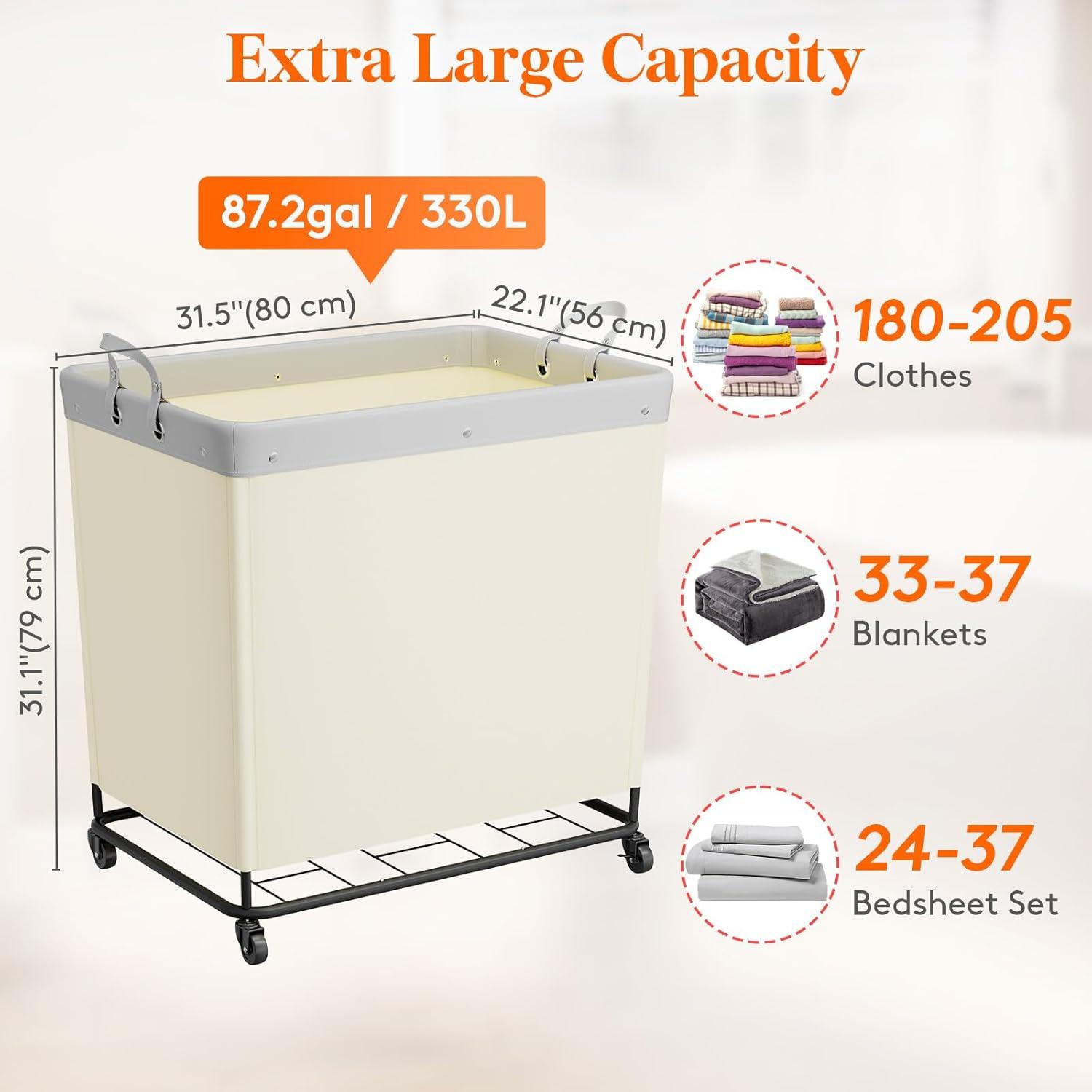 image:imageLifewit 165L Laundry Basket with Wheels Large Heavy Duty Commercial Rolling Laundry Hamper with Handles Tall Steel Frame Laundry Cart for Laundry Room Bedroom Hotel Home Dorm WhiteWhite