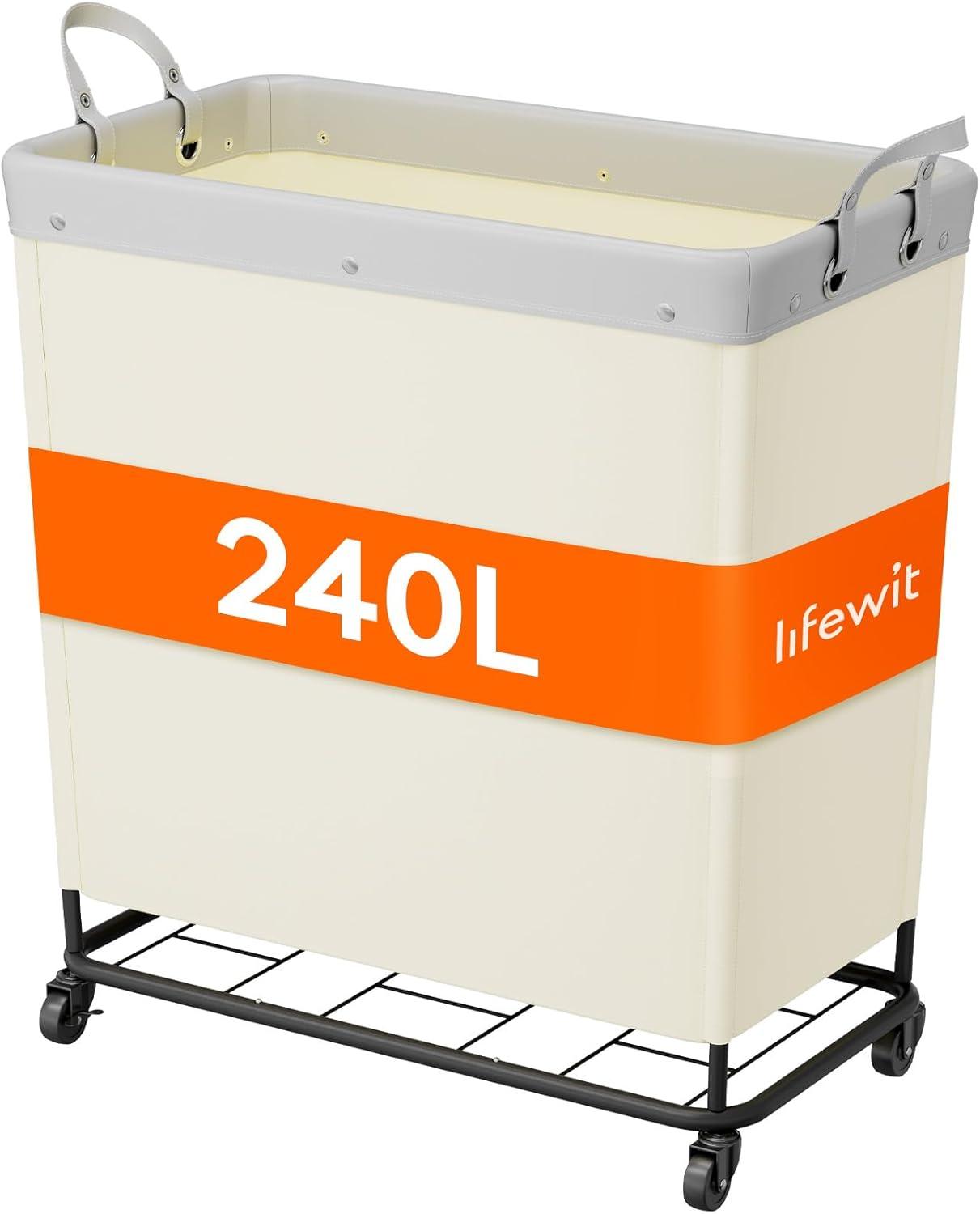 image:imageLifewit 165L Laundry Basket with Wheels Large Heavy Duty Commercial Rolling Laundry Hamper with Handles Tall Steel Frame Laundry Cart for Laundry Room Bedroom Hotel Home Dorm WhiteWhite
