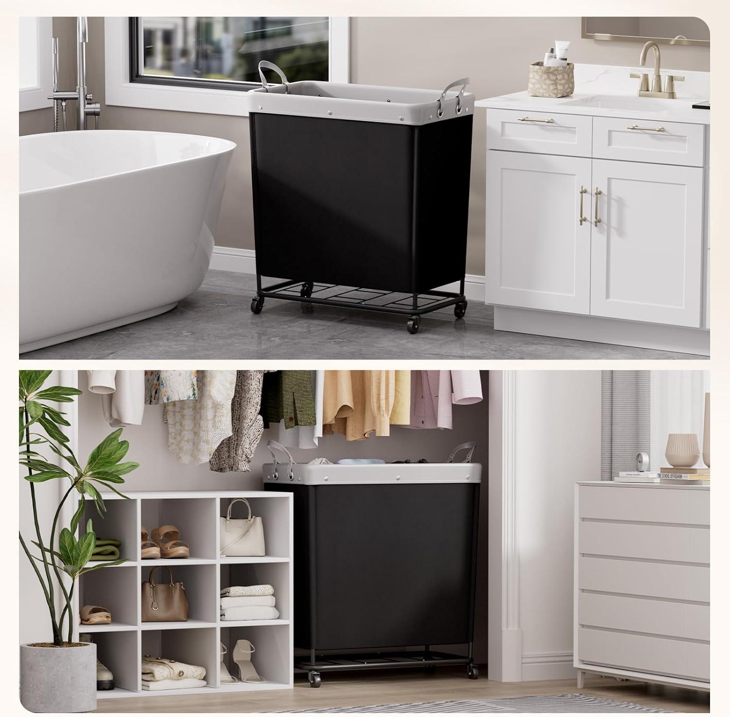 image:imageLifewit 165L Laundry Basket with Wheels Large Heavy Duty Commercial Rolling Laundry Hamper with Handles Tall Steel Frame Laundry Cart for Laundry Room Bedroom Hotel Home Dorm WhiteBlack
