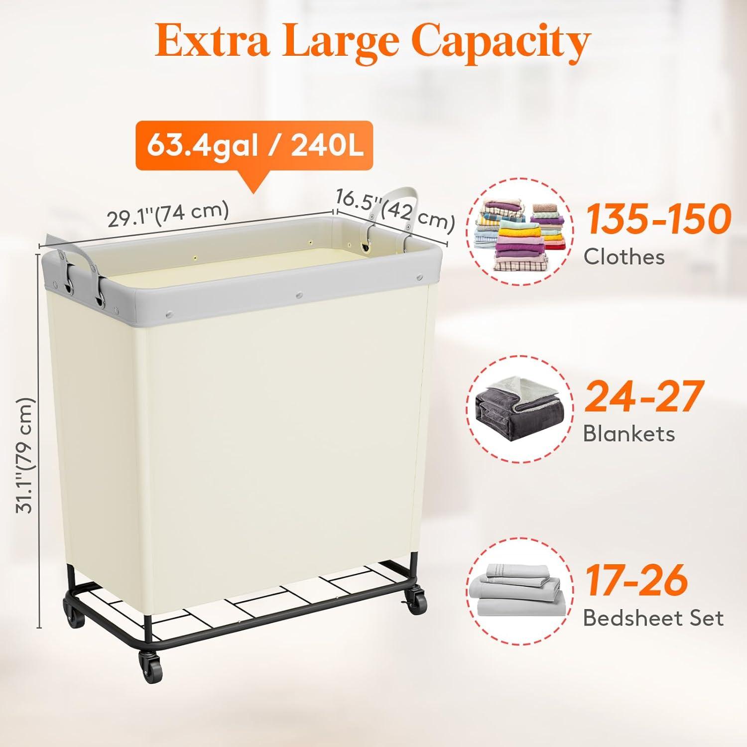 image:imageLifewit 165L Laundry Basket with Wheels Large Heavy Duty Commercial Rolling Laundry Hamper with Handles Tall Steel Frame Laundry Cart for Laundry Room Bedroom Hotel Home Dorm WhiteWhite