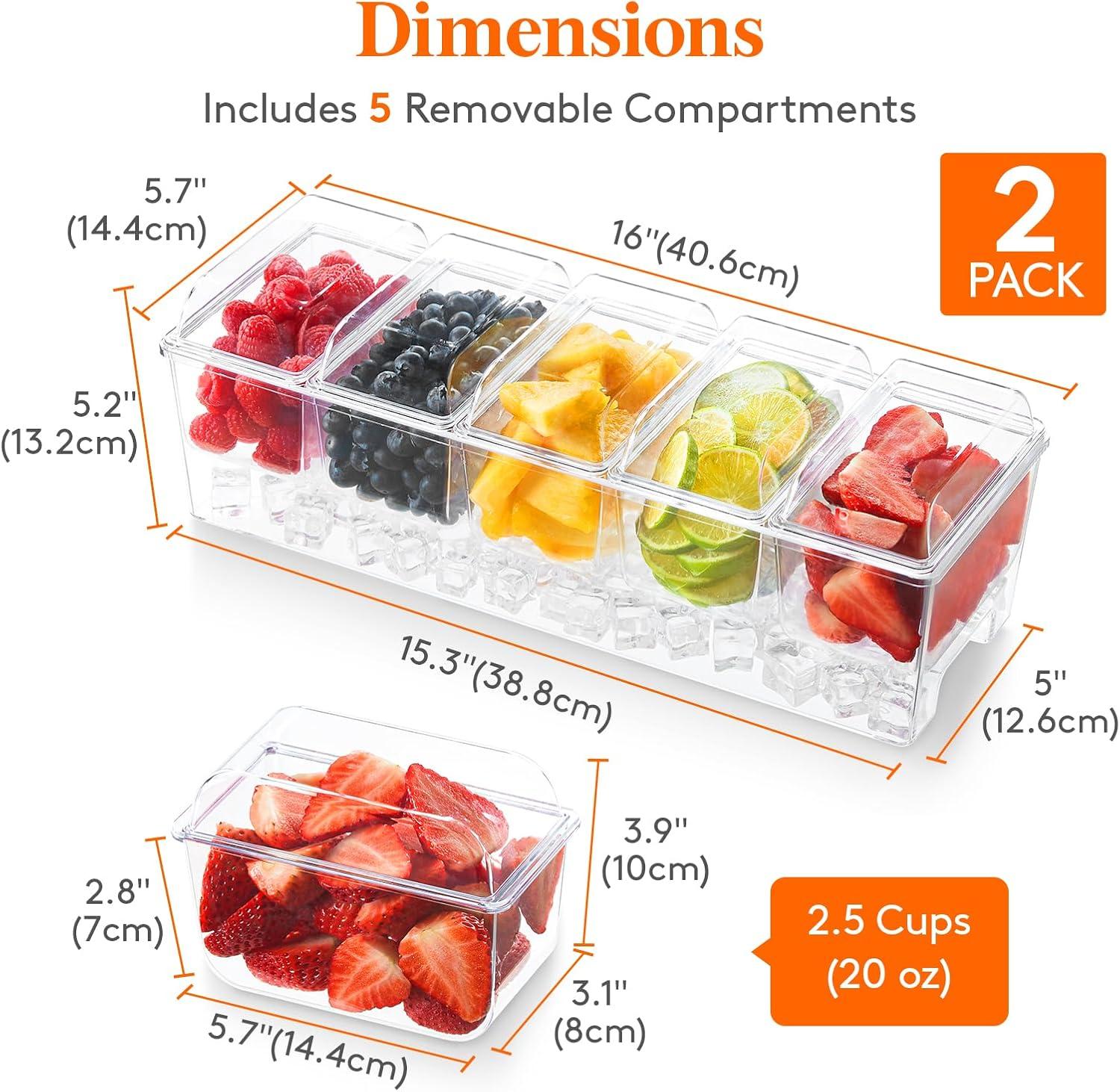 image:imageLifewit 2 Pack Ice Chilled Condiment Caddy with 5 Containers25 cup Condiment Server with Separate Lids Serving Tray Platter for Bar Accessories Fruit Salad Taco Party Garnish2