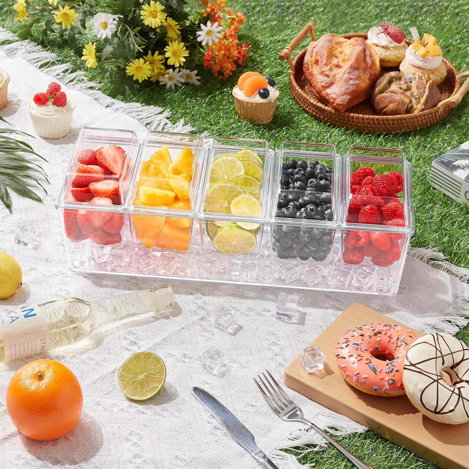 image:imageLifewit 2 Pack Ice Chilled Condiment Caddy with 5 Containers25 cup Condiment Server with Separate Lids Serving Tray Platter for Bar Accessories Fruit Salad Taco Party Garnish1