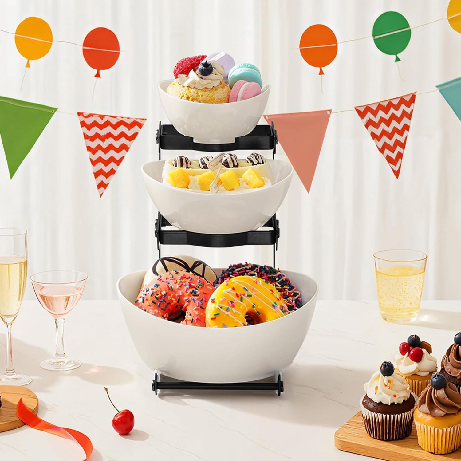 image:imageLifewit 3 Tier Plastic Serving Bowls with Metal Stand Chips and Dip Serving Tray Set for Entertaining Party CrackProof Serving Platters for FruitSaladSnackDessert AppetizerCandy GoldBlack