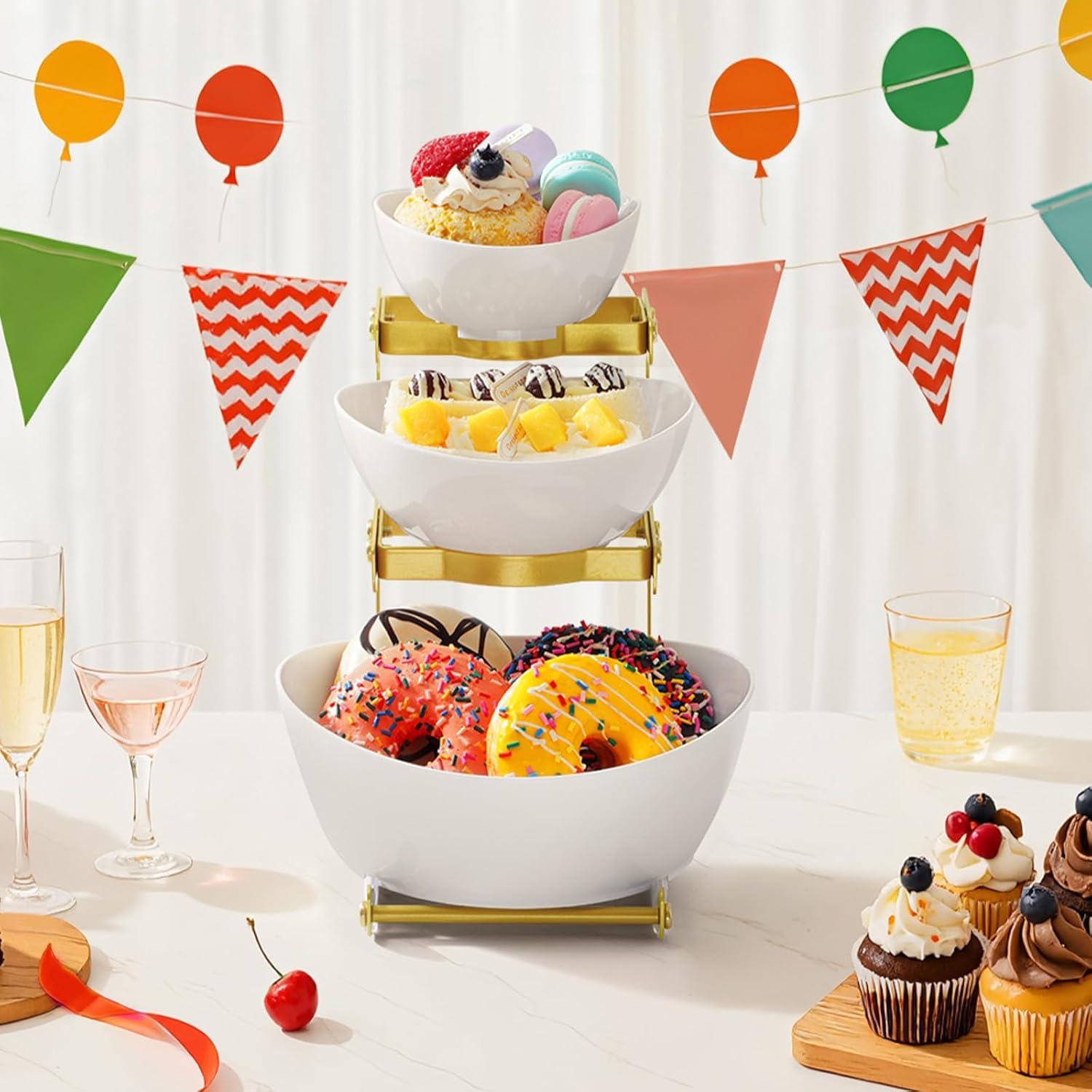 image:imageLifewit 3 Tier Plastic Serving Bowls with Metal Stand Chips and Dip Serving Tray Set for Entertaining Party CrackProof Serving Platters for FruitSaladSnackDessert AppetizerCandy GoldGold