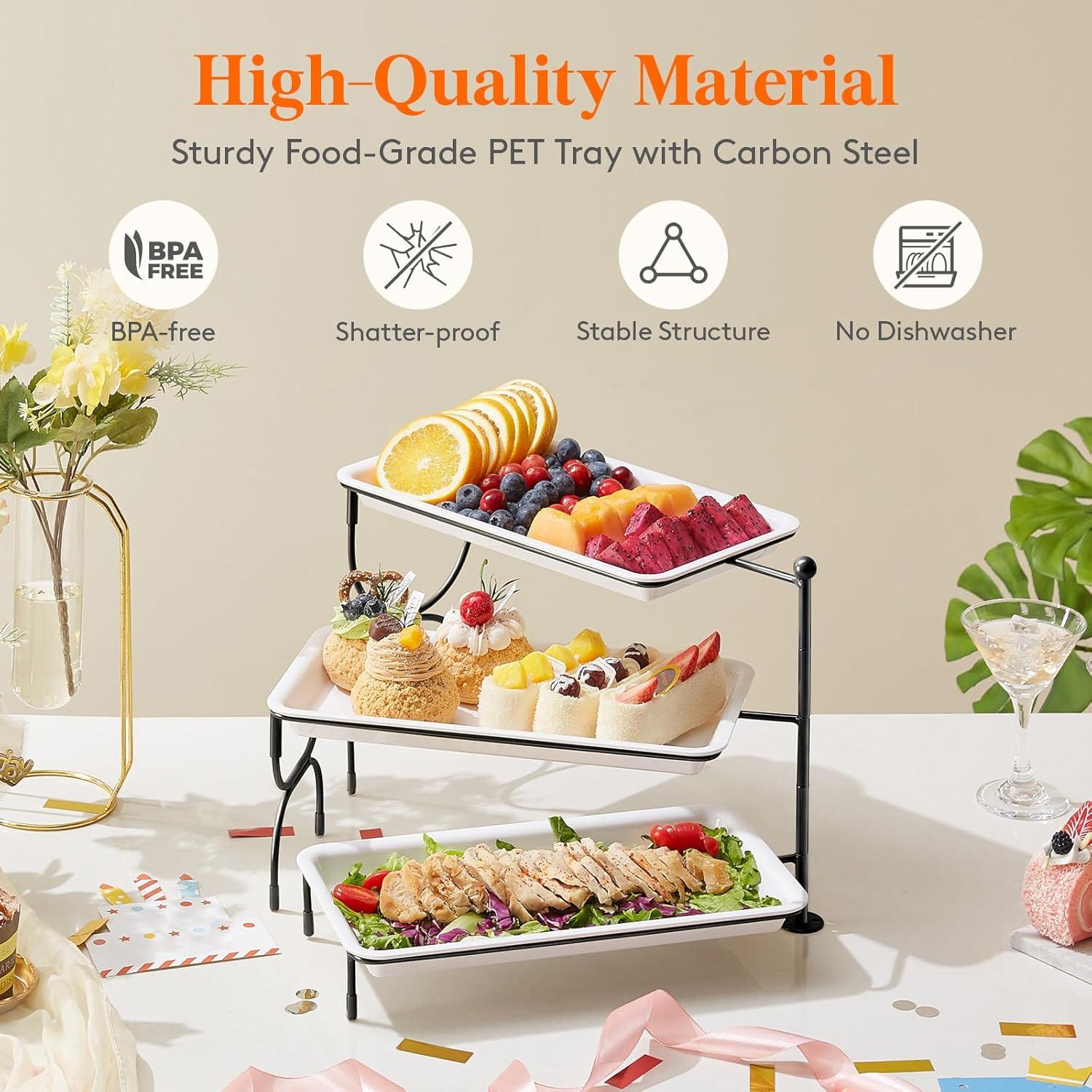 image:imageLifewit 3 Tier Serving Tray 12 x 65 White Plastic Tiered Food Serving Platters Tiered Tray Stand for Party with Black Collapsible Metal Stand Dessert Display Stands for Cookies Crackers12 x 65