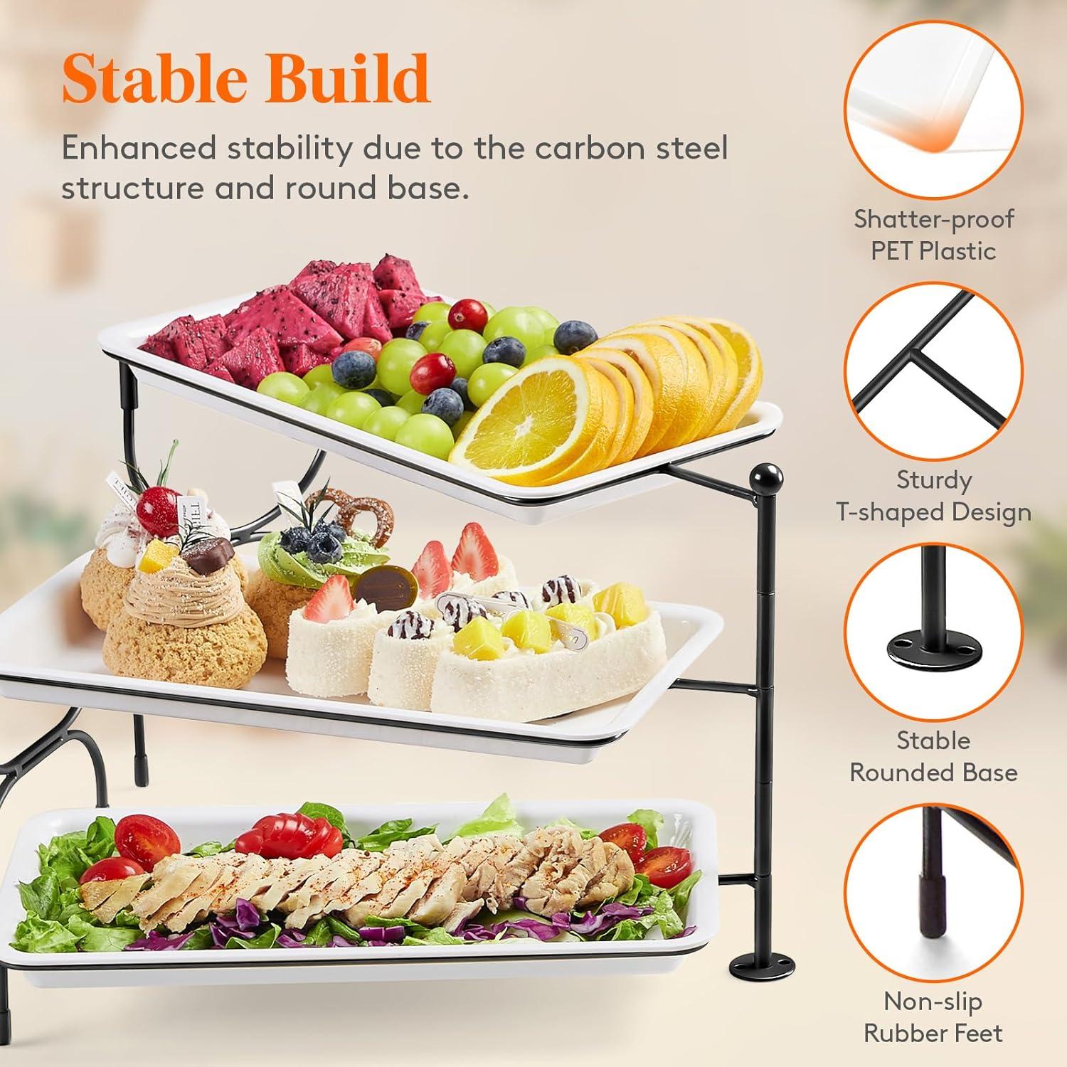 image:imageLifewit 3 Tier Serving Tray 12 x 65 White Plastic Tiered Food Serving Platters Tiered Tray Stand for Party with Black Collapsible Metal Stand Dessert Display Stands for Cookies Crackers12 x 65