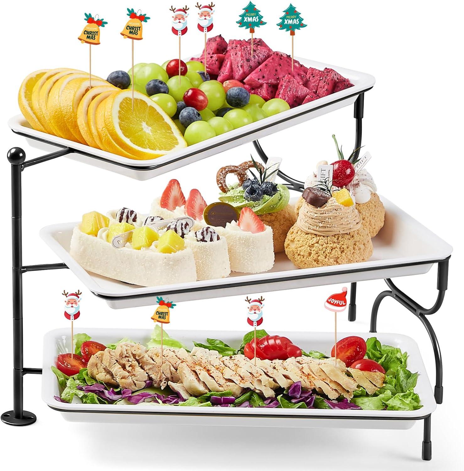 image:imageLifewit 3 Tier Serving Tray 12 x 65 White Plastic Tiered Food Serving Platters Tiered Tray Stand for Party with Black Collapsible Metal Stand Dessert Display Stands for Cookies Crackers12 x 65