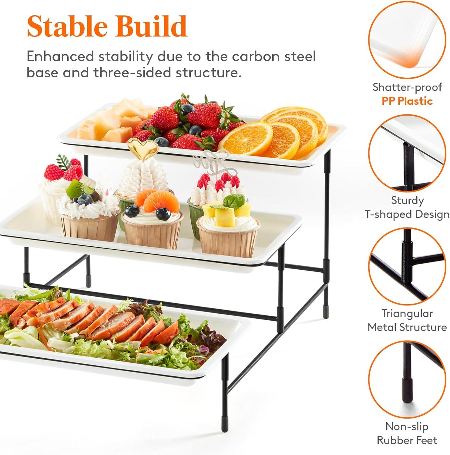 image:imageLifewit 3 Tier Serving Tray 12 x 65 White Plastic Tiered Food Serving Platters Tiered Tray Stand for Party with Black Collapsible Metal Stand Dessert Display Stands for Cookies Crackers12 x 65