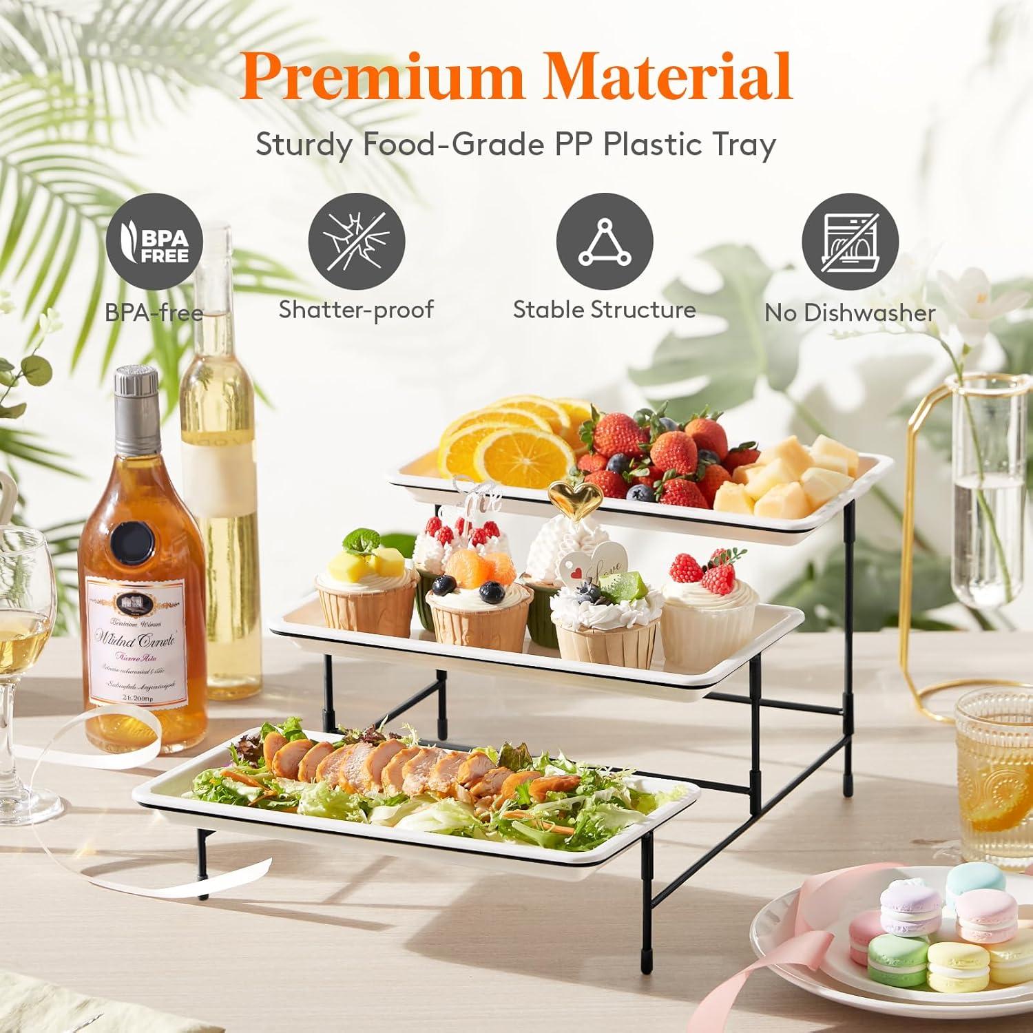image:imageLifewit 3 Tier Serving Tray 12 x 65 White Plastic Tiered Food Serving Platters Tiered Tray Stand for Party with Black Collapsible Metal Stand Dessert Display Stands for Cookies Crackers12 x 65