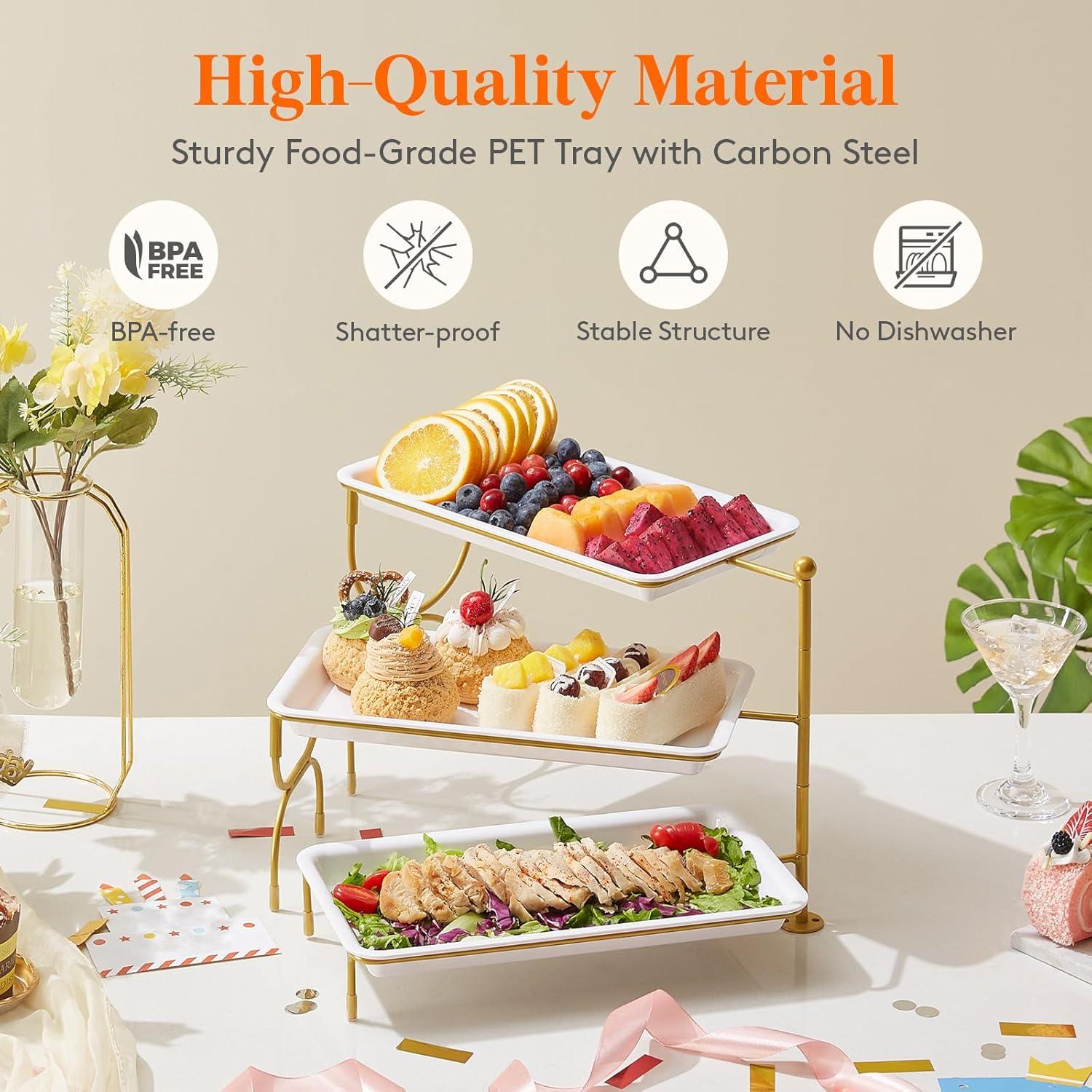image:imageLifewit 3 Tier Serving Tray for Party 12 x 65 Plastic Tiered Food Serving Platters White Rotatable Tiered Tray Stand with Gold Collapsible Metal Stand Dessert Table Display Set for Buffet12 x 65