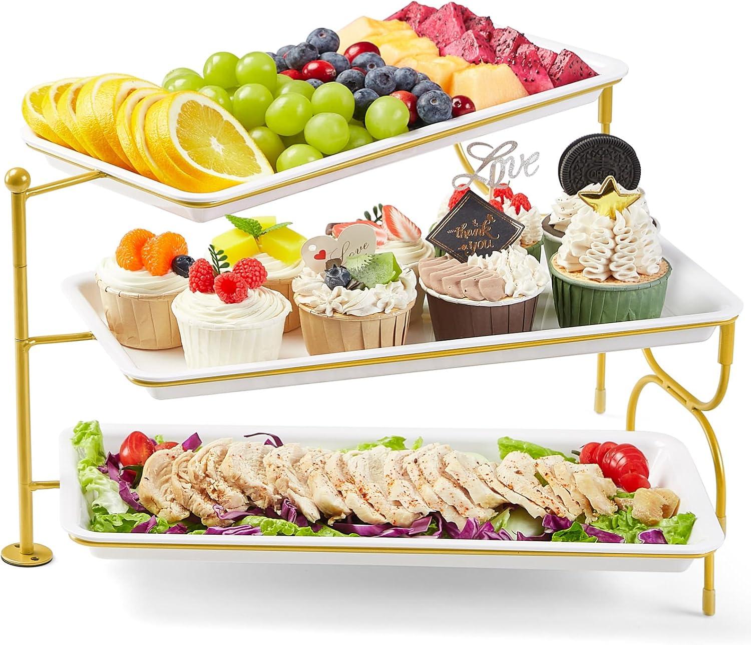 image:imageLifewit 3 Tier Serving Tray for Party 12 x 65 Plastic Tiered Food Serving Platters White Rotatable Tiered Tray Stand with Gold Collapsible Metal Stand Dessert Table Display Set for Buffet14 x 65