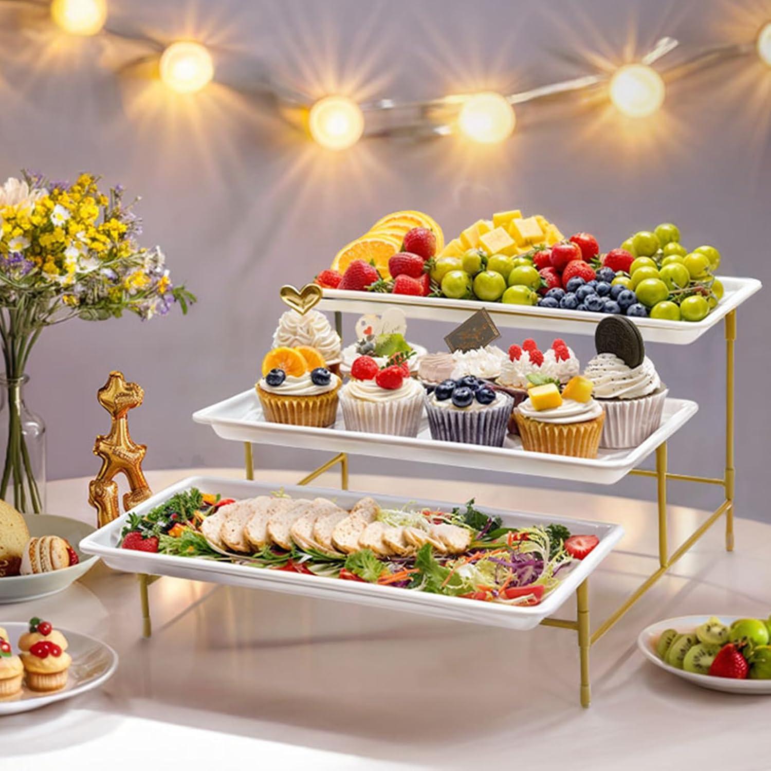 image:imageLifewit 3 Tier Serving Tray for Party 12 x 65 Plastic Tiered Food Serving Platters White Rotatable Tiered Tray Stand with Gold Collapsible Metal Stand Dessert Table Display Set for Buffet14 x 65