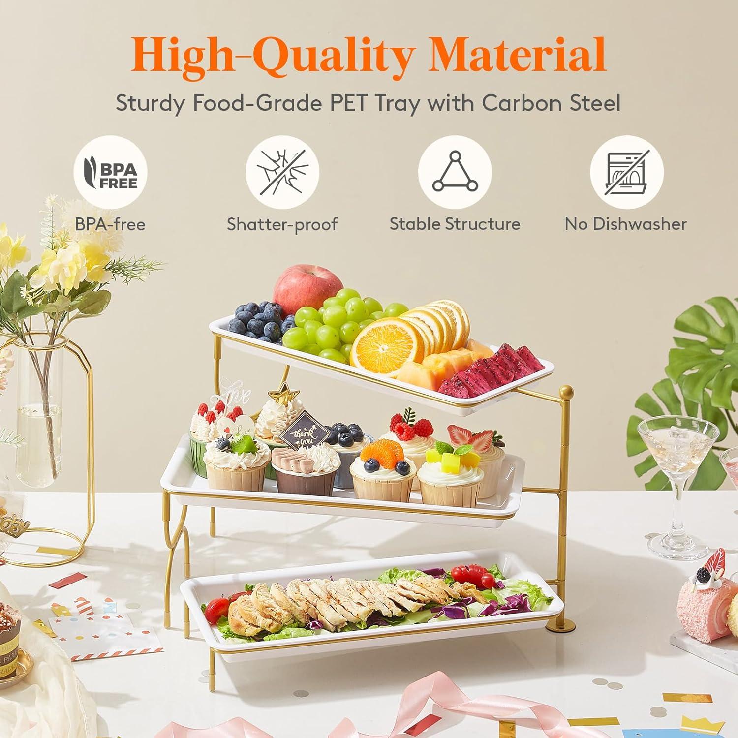image:imageLifewit 3 Tier Serving Tray for Party 12 x 65 Plastic Tiered Food Serving Platters White Rotatable Tiered Tray Stand with Gold Collapsible Metal Stand Dessert Table Display Set for Buffet14 x 65