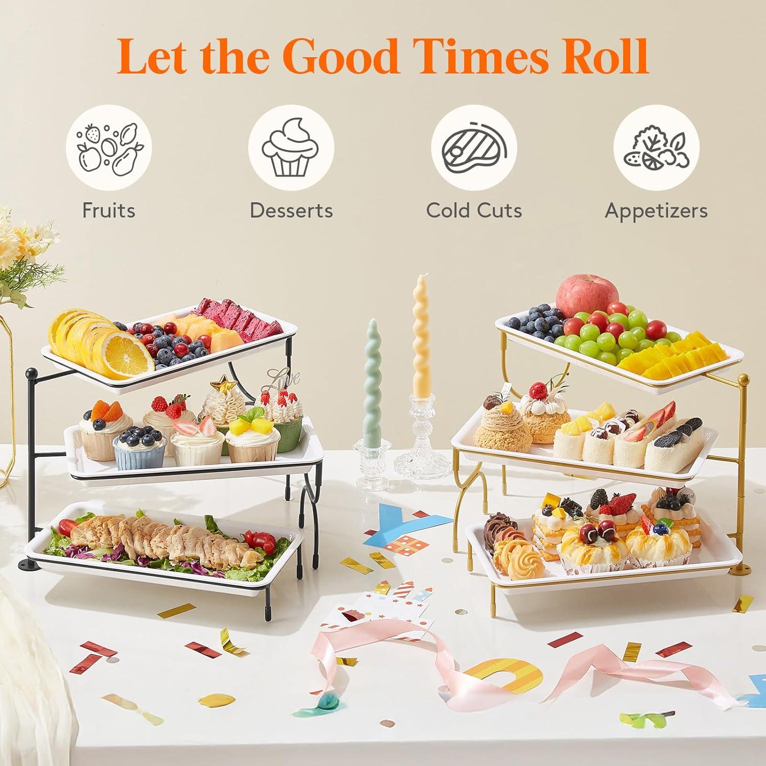 image:imageLifewit 3 Tier Serving Tray for Party 12 x 65 Plastic Tiered Food Serving Platters White Rotatable Tiered Tray Stand with Gold Collapsible Metal Stand Dessert Table Display Set for Buffet12 x 65