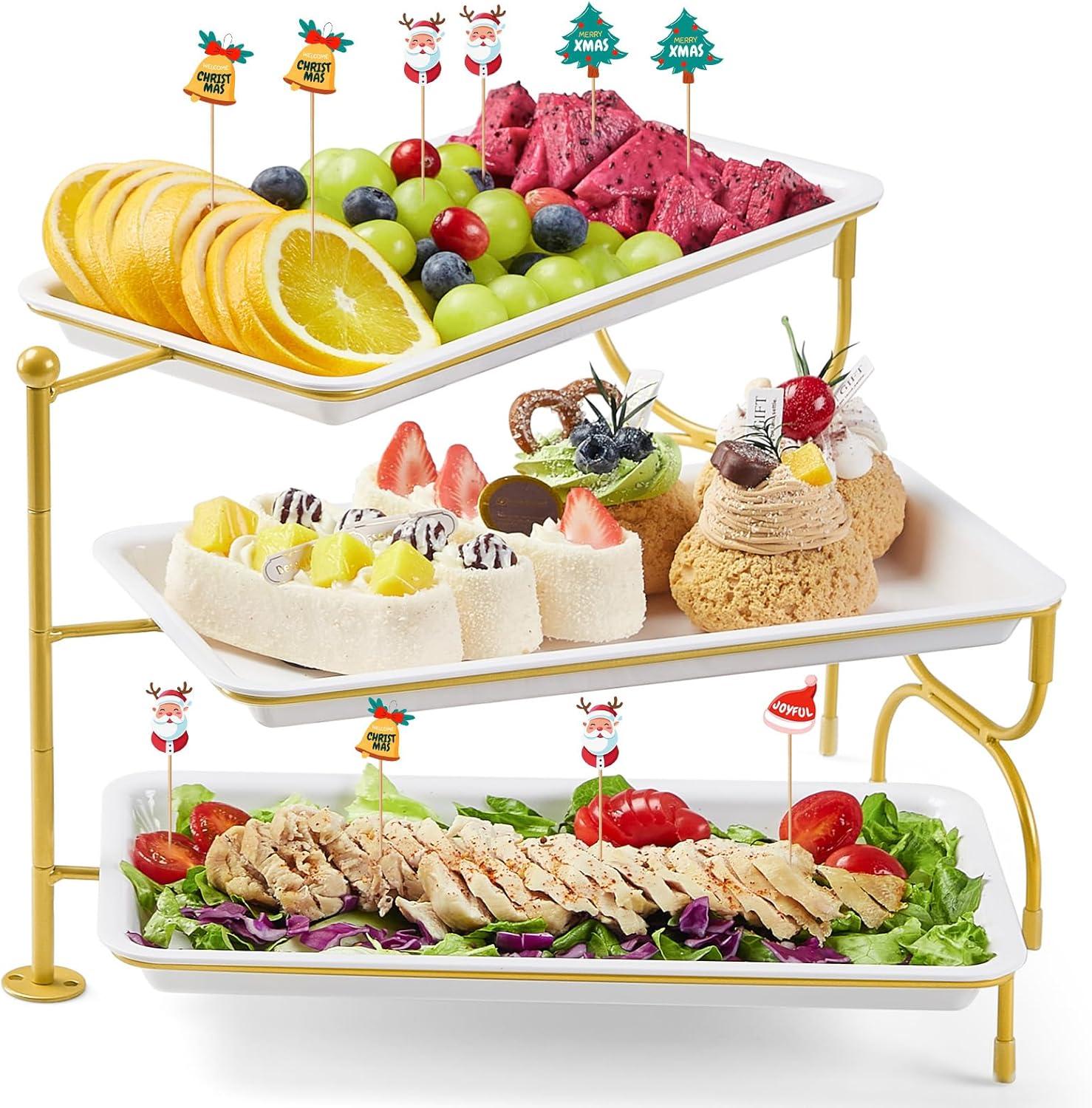 image:imageLifewit 3 Tier Serving Tray for Party 12 x 65 Plastic Tiered Food Serving Platters White Rotatable Tiered Tray Stand with Gold Collapsible Metal Stand Dessert Table Display Set for Buffet12 x 65