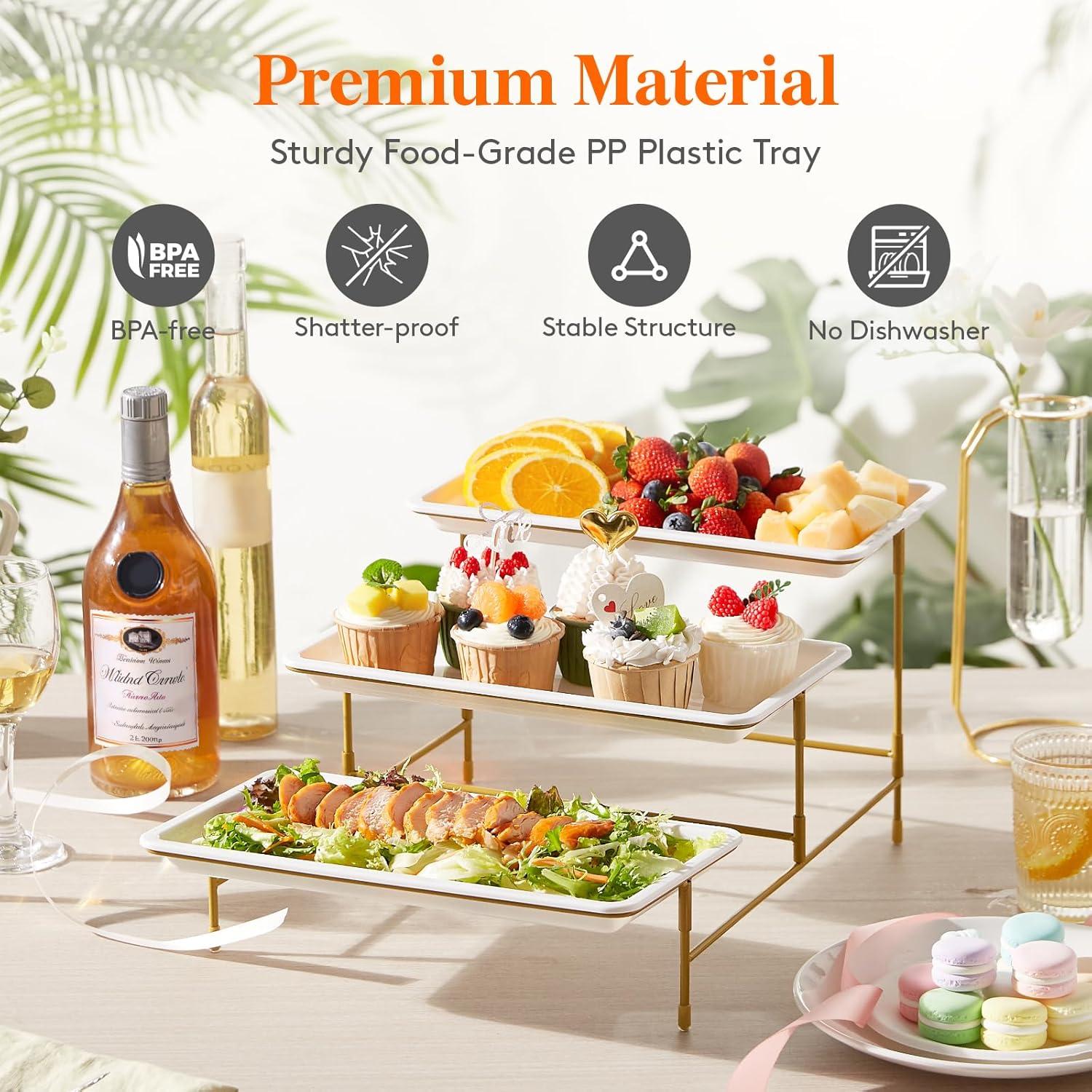 image:imageLifewit 3 Tier Serving Tray for Party 12 x 65 Plastic Tiered Food Serving Platters White Rotatable Tiered Tray Stand with Gold Collapsible Metal Stand Dessert Table Display Set for Buffet12 x 65