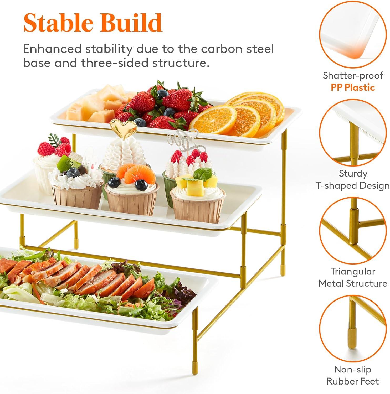 image:imageLifewit 3 Tier Serving Tray for Party 12 x 65 Plastic Tiered Food Serving Platters White Rotatable Tiered Tray Stand with Gold Collapsible Metal Stand Dessert Table Display Set for Buffet12 x 65