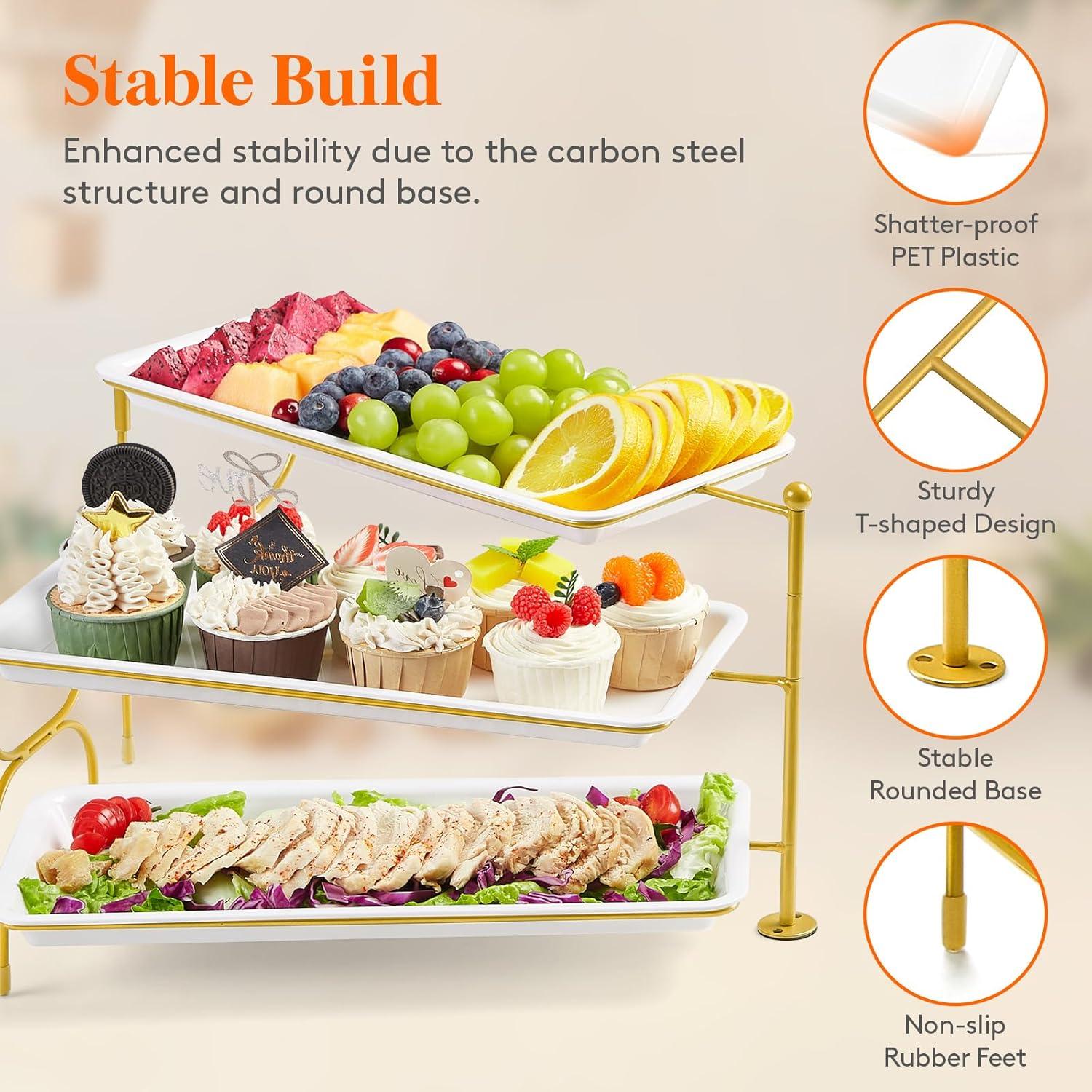 image:imageLifewit 3 Tier Serving Tray for Party 12 x 65 Plastic Tiered Food Serving Platters White Rotatable Tiered Tray Stand with Gold Collapsible Metal Stand Dessert Table Display Set for Buffet14 x 65